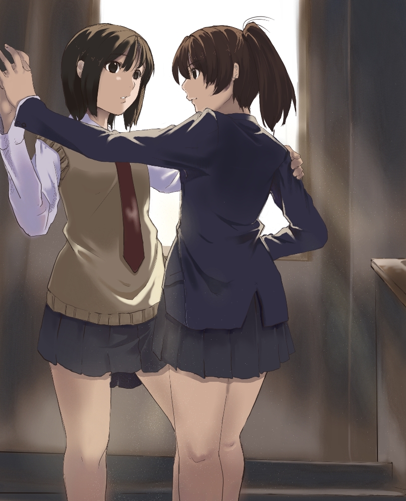 kagematsuri, bad id, bad pixiv id, 2girls, brown hair, dancing, high ponytail, holding hands, legs, multiple girls, necktie, ponytail, school uniform, short hair, skirt, smile, sweater, yuri
