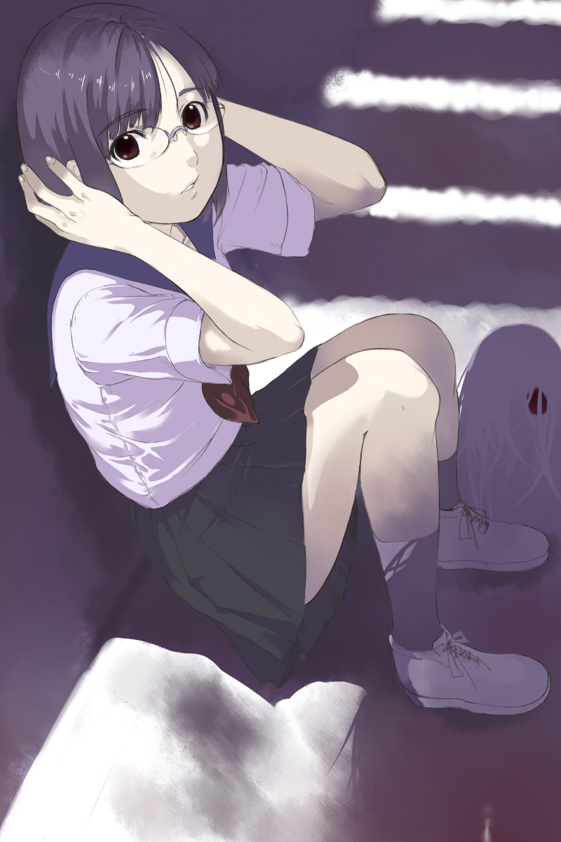 kagematsuri, original, bad id, bad pixiv id, highres, 1girl, covering own ears, female focus, glasses, legs, purple hair, red eyes, round eyewear, school uniform, short hair, sitting, skirt, solo