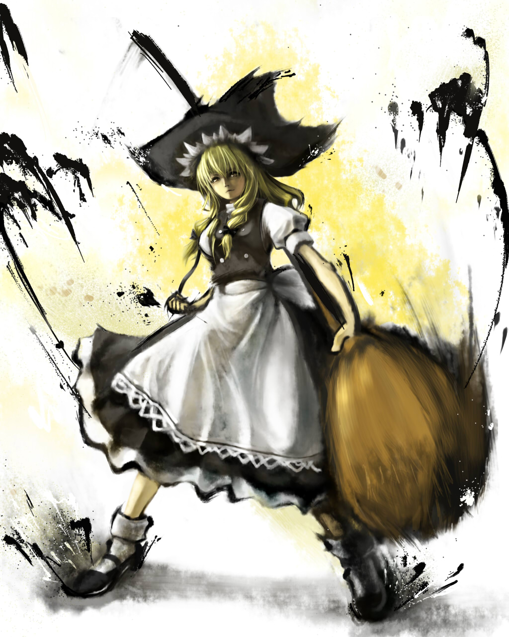 kotorippi, kirisame marisa, capcom, street fighter, street fighter iv (series), touhou, highres, 1girl, blonde hair, broom, female focus, hat, parody, solo, style parody, witch, witch hat