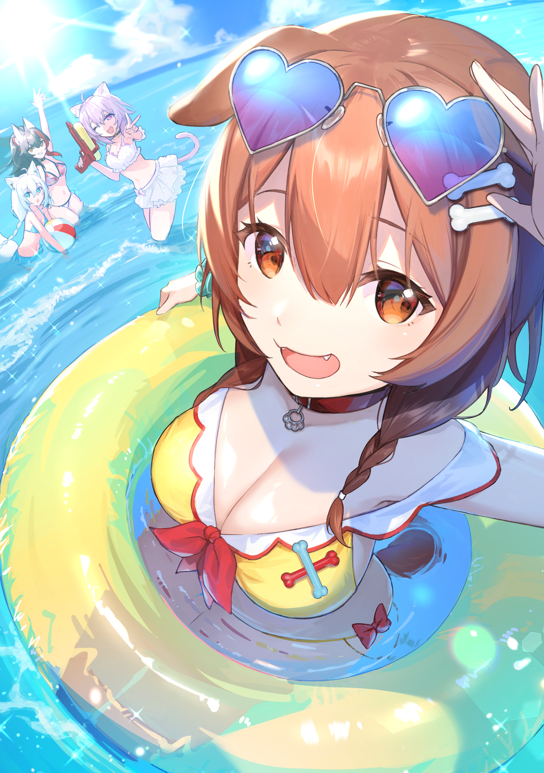saltcan69210, inugami korone, nekomata okayu, ookami mio, shirakami fubuki, hololive, absurdres, commentary request, highres, 4girls, ahoge, animal ears, arm up, ball, beachball, bikini, black hair, blue bikini, bone hair ornament, braid, breasts, brown eyes, brown hair, cat ears, cat girl, cat tail, choker, cleavage, collarbone, dog ears, dog girl, hair between eyes, hair ornament, heart, heart-shaped eyewear, holding, holding ball, holding beachball, holding water gun, innertube, large breasts, leaf print, looking at viewer, multicolored hair, multiple girls, navel, ocean, one eye closed, open mouth, purple eyes, purple hair, red choker, red hair, smile, stomach, swim ring, swimsuit, tail, v, virtual youtuber, water, water gun, white bikini, white hair, wolf ears, wolf girl, yellow bikini
