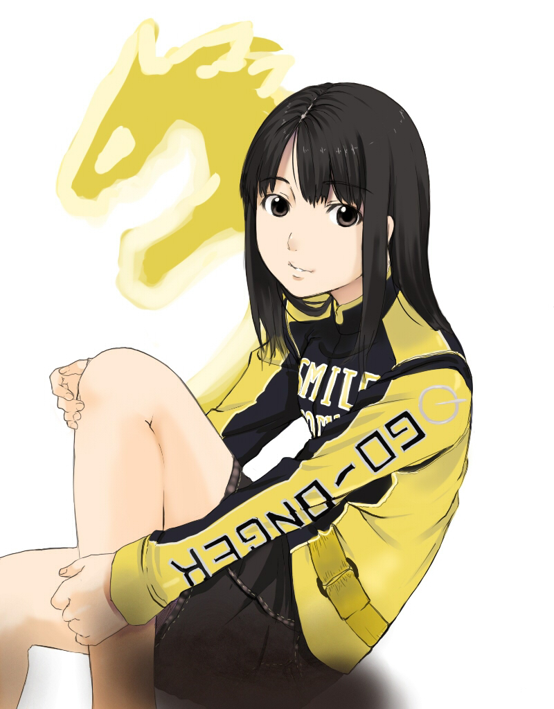 kagematsuri, rouyama saki, engine sentai go-onger, super sentai, tokusatsu, bad id, bad pixiv id, 1girl, animification, biker clothes, black hair, brown eyes, clothes writing, denim, denim jacket, female focus, jacket, leg hold, long hair, sitting, skirt, solo