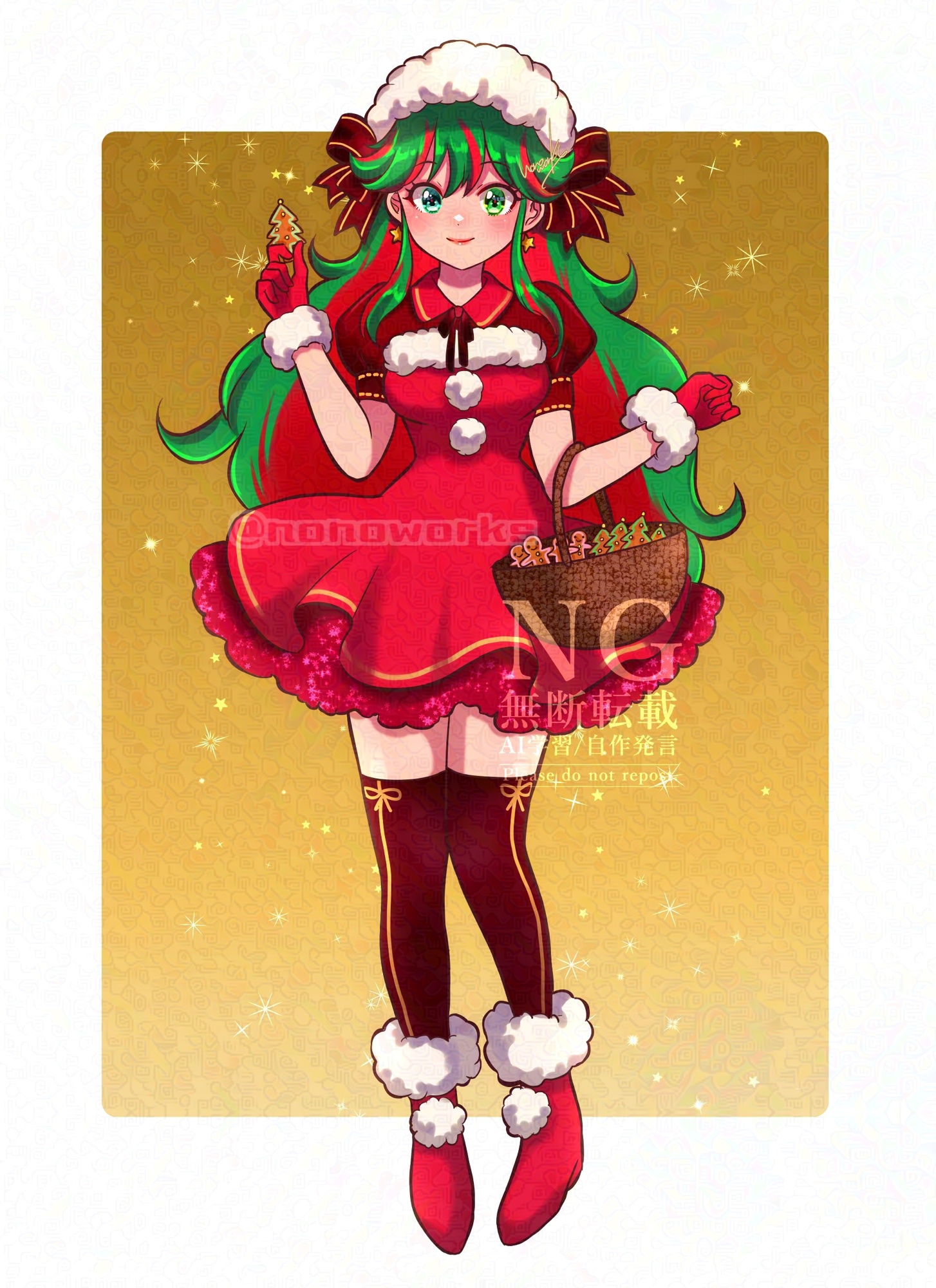 nonoworks, original, adversarial noise, commentary, commission, english commentary, highres, 1girl, artist name, basket, blue eyes, boots, borrowed character, bow, christmas, colored inner hair, cookie, dress, earrings, food, gloves, gradient background, green eyes, green hair, hair bow, holding, holding basket, holding cookie, holding food, jewelry, multicolored hair, puffy short sleeves, puffy sleeves, red boots, red dress, red gloves, red hair, red thighhighs, short sleeves, signature, solo, star (symbol), star earrings, thighhighs, thighhighs under boots, two-tone hair, watermark, watermelon girl (goldn)