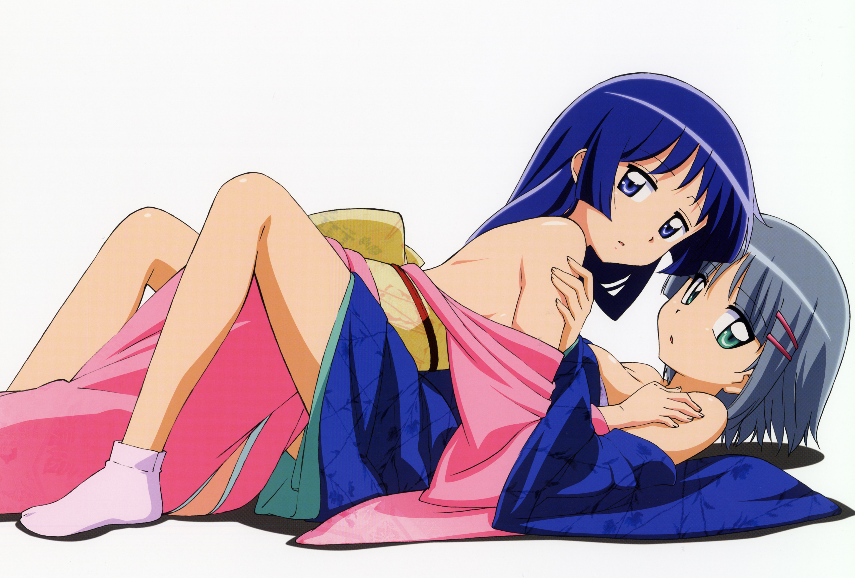 aizawa sakuya, saginomiya isumi, hayate no gotoku!, silver hair, absurdres, highres, non-web source, 00s, 2girls, blue eyes, blue hair, green eyes, japanese clothes, long hair, multiple girls, no bra, short hair, socks, undressing, yuri