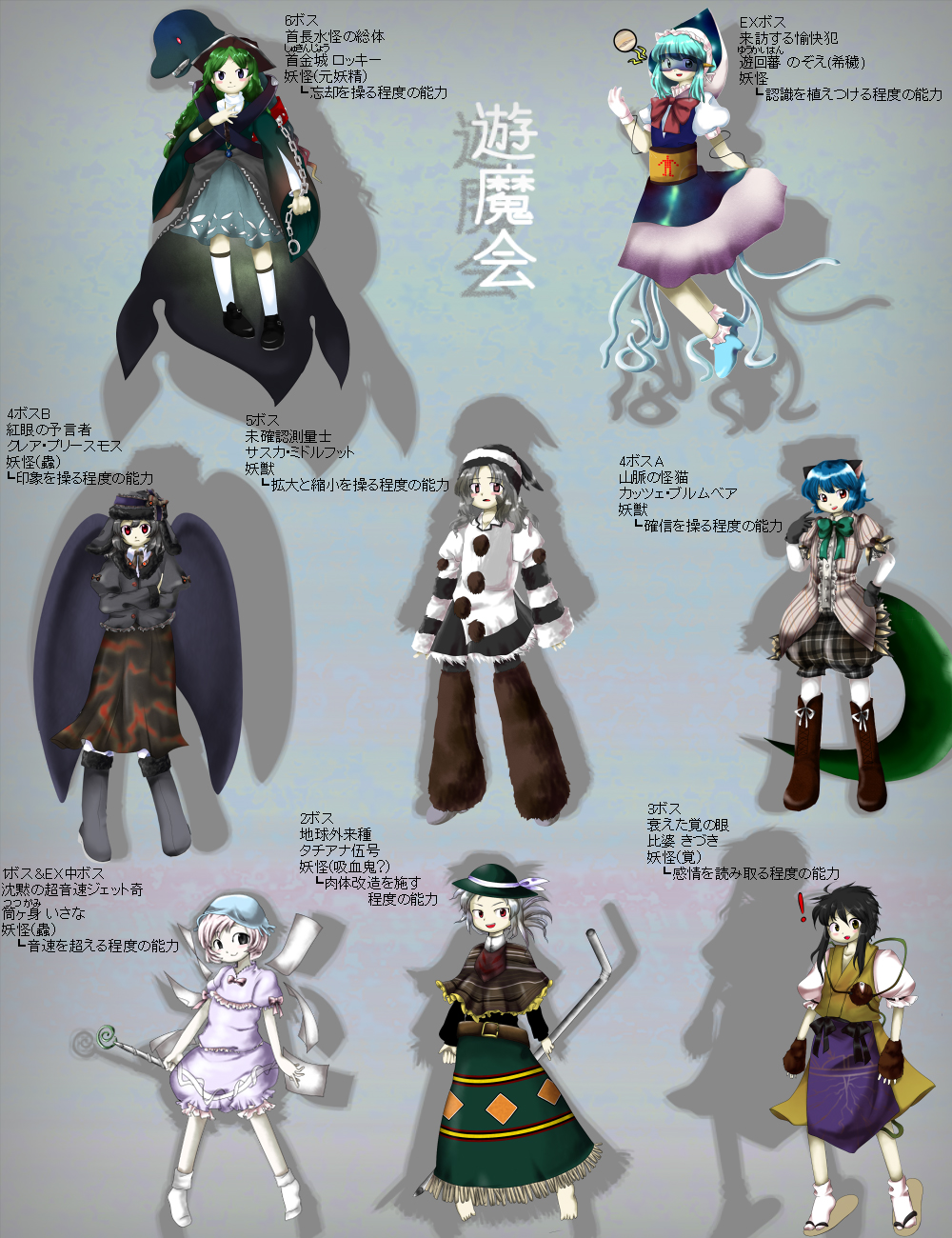 mkz, tama home, mothman, original, touhou, bad id, bad pixiv id, check translation, highres, translation request, !, 6+girls, animal ears, boots, cat ears, cat girl, chain, cryptid, dress, female focus, fingerless gloves, flippers, gloves, goggles, gradient background, hat, multiple girls, plesiosaur, sandals, skirt, tentacles, wand, wings