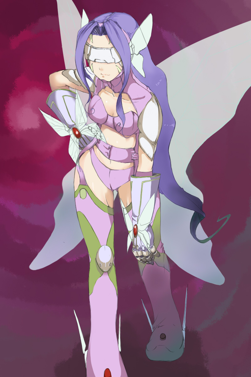 kagematsuri, fairimon, digimon, digimon frontier, bad id, bad pixiv id, highres, 00s, 1girl, blindfold, butterfly wings, digimon (creature), female focus, gauntlets, gloves, hand on own hip, hand on own knee, headgear, insect wings, long hair, midriff, panties, purple hair, solo, thighhighs, underwear, wings