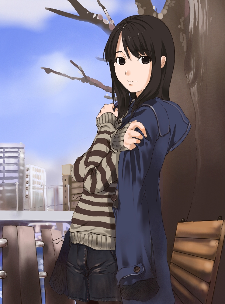 kagematsuri, original, bad id, bad pixiv id, 1girl, black eyes, black hair, female focus, long hair, shorts, solo, striped clothes, striped sweater, sweater