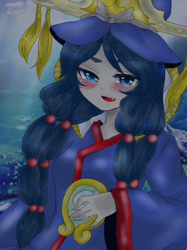 yaobi mikoto, marine benefit, touhou, 1girl, blue eyes, female focus, hat, long hair, open mouth, solo