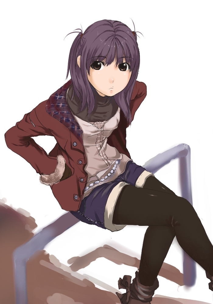 kagematsuri, original, bad id, bad pixiv id, 1girl, black pantyhose, brown eyes, casual, coat, fashion, female focus, hands in pockets, logo, pantyhose, pantyhose under shorts, purple hair, short hair, shorts, sitting, solo