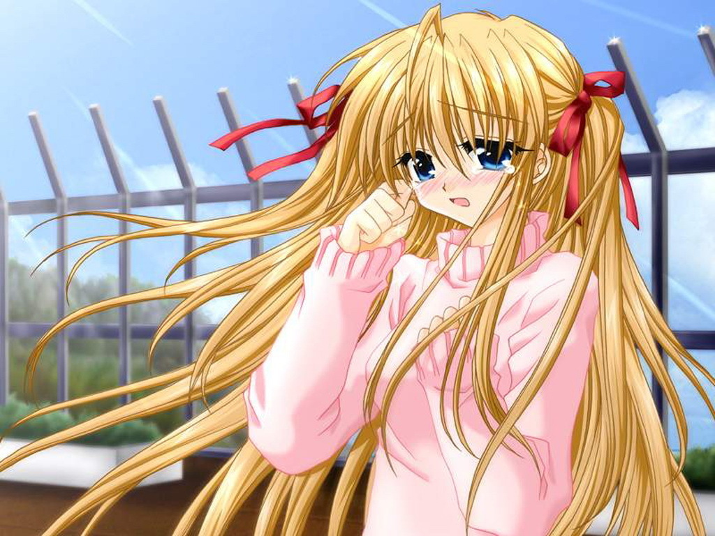 cybercat, sakurazawa izumi, blonde hair, blush, hair ribbon, long hair, ribbon, solo, sweater, tears