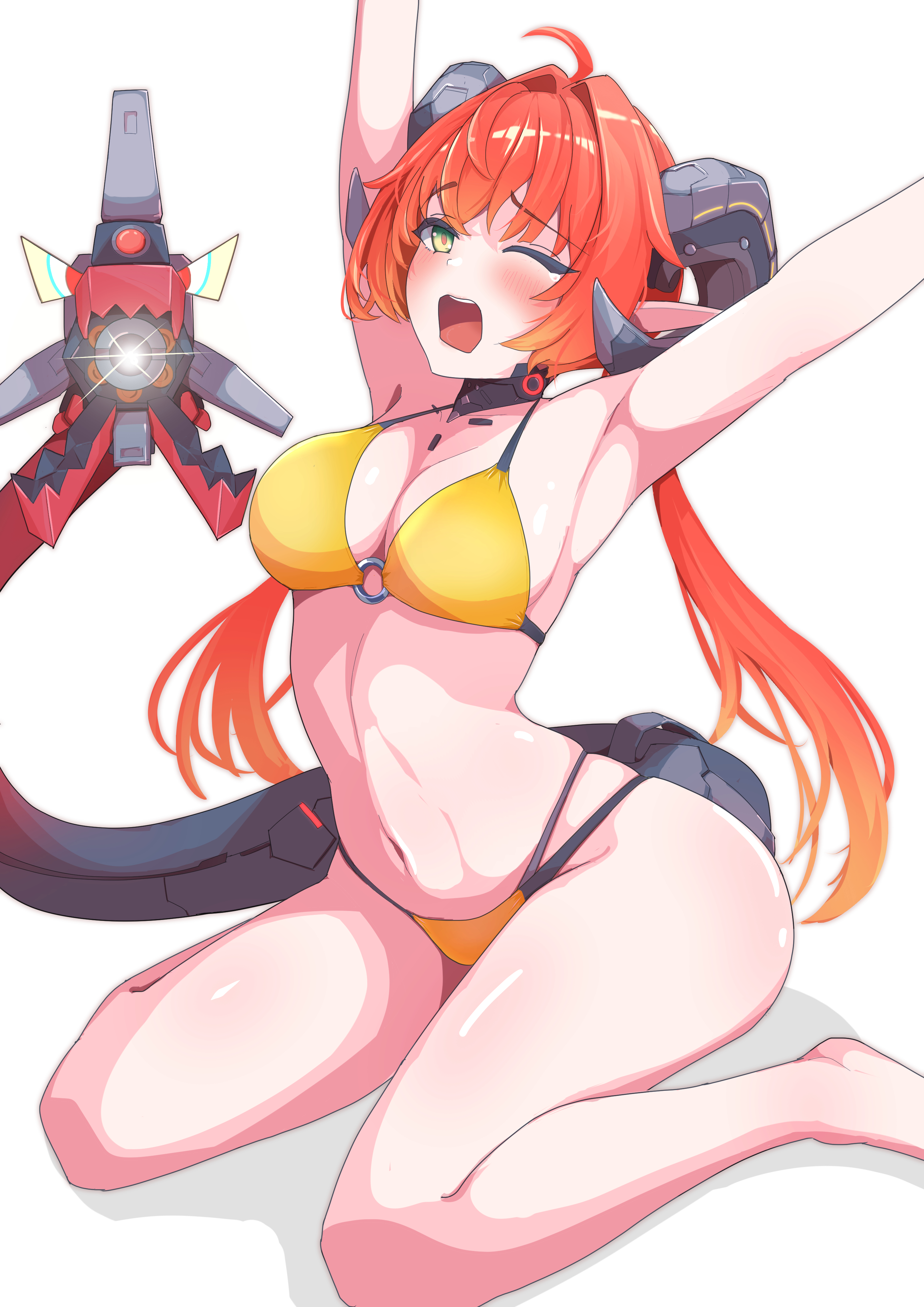 shianpurin, magus (zenless zone zero), orphie magnusson, zenless zone zero, absurdres, commentary request, highres, 1girl, ahoge, aiming, aiming at viewer, alternate costume, armpits, arms up, bikini, black horns, black shrug, breasts, curled horns, green eyes, gun, hair intakes, horns, large breasts, long hair, looking at viewer, mechanical horns, mechanical tail, navel, o-ring, o-ring bikini, one eye closed, orange hair, orange pupils, pointy ears, shrug (clothing), simple background, sitting, stomach, stretching, swimsuit, tail, tears, twintails, wariza, weapon, white background, yawning, yellow bikini
