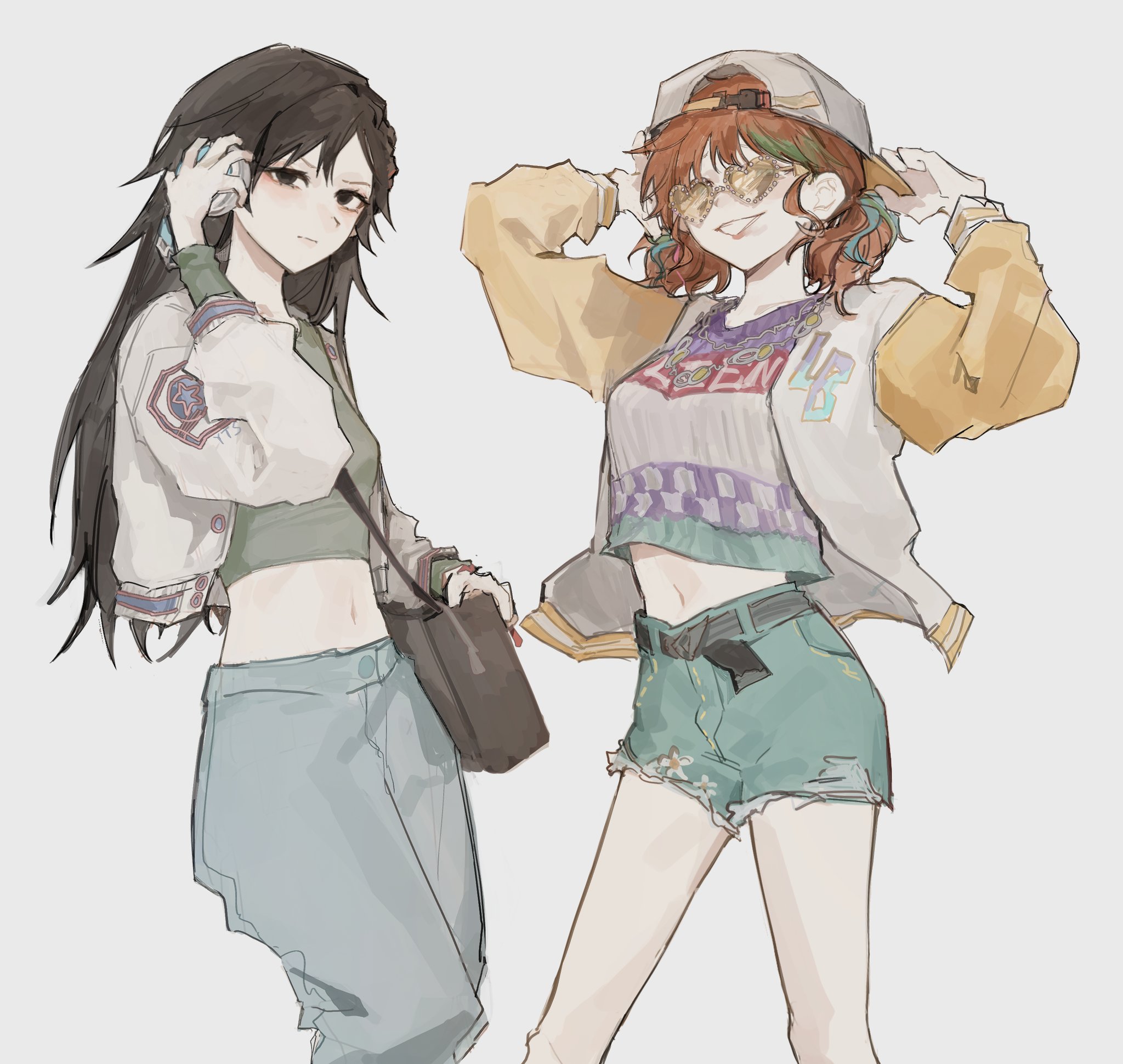 tangtuktak, lily barriere, lily barriere (oph.lily), qi shiyi, qi shiyi (oph.qi), identity v, commentary request, highres, korean commentary, 2girls, arms up, backwards hat, bag, belt, black belt, black eyes, black hair, blue pants, blue shorts, blue streaks, breasts, cowboy shot, crop top, crossbody bag, floral print, green shirt, green streaks, hand up, hands on headwear, hat, headphones, heart, heart-shaped eyewear, jacket, lipstick, long hair, long sleeves, looking at viewer, low twintails, makeup, medium breasts, medium hair, multicolored hair, multiple girls, navel, orange hair, pants, shirt, short twintails, shorts, small breasts, smeared lipstick, smile, streaked hair, tinted eyewear, twintails, white jacket, white shirt, wispy bangs, yellow-tinted eyewear