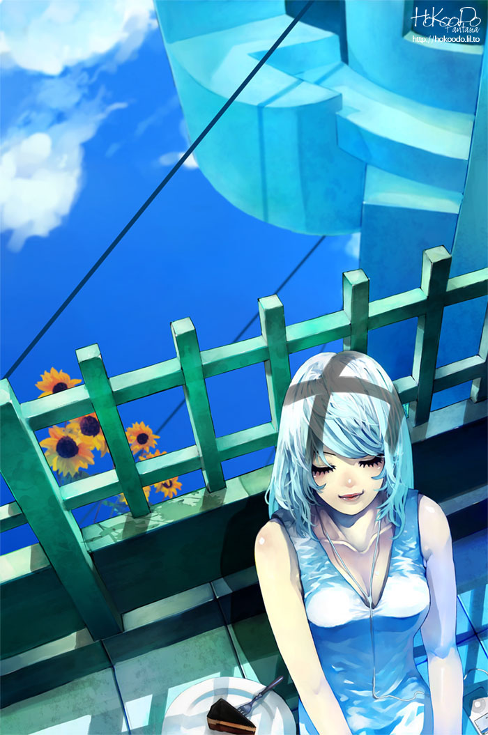 hokoodo, original, aqua hair, cake, closed eyes, cloud, earphones, flower, food, ipod, long hair, mp3 player, pastry, scenery, sitting, smile, solo, sunflower, white hair