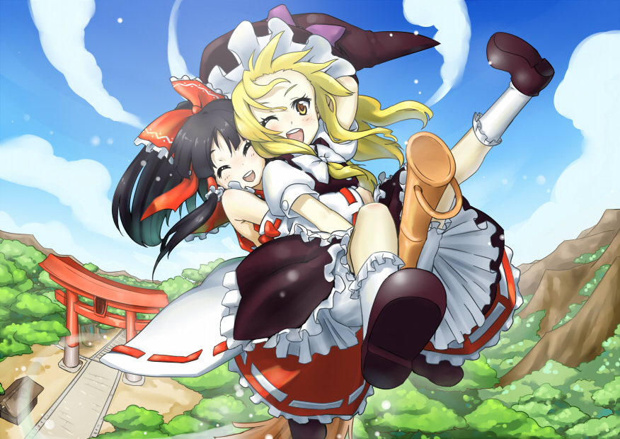 waha (artist), hakurei reimu, kirisame marisa, touhou, 2girls, :d, ^ ^, broom, broom riding, closed eyes, detached sleeves, female focus, flying, hat, multiple girls, multiple riders, one eye closed, open mouth, smile, torii, witch hat, yellow eyes