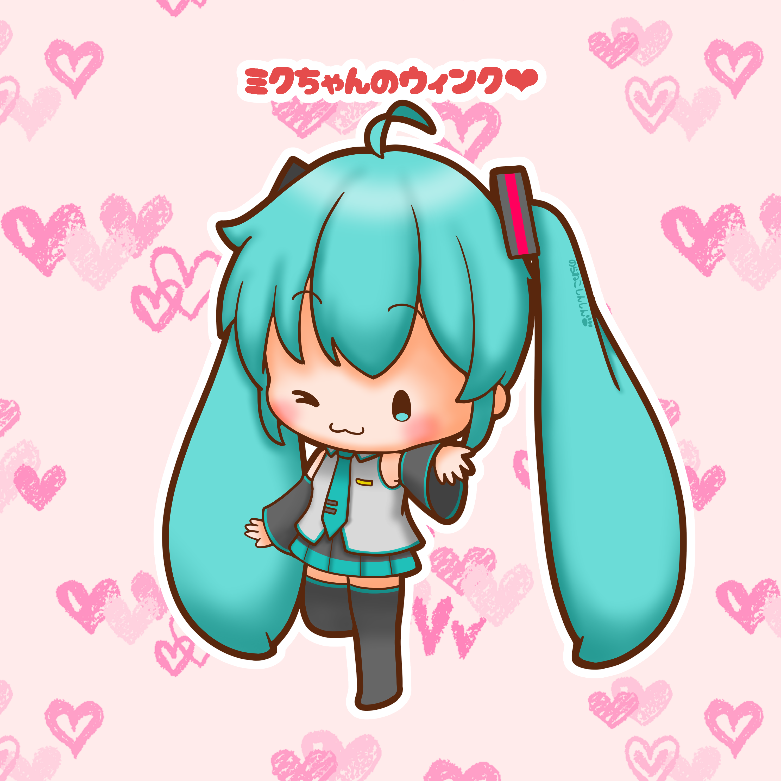 sh1n chan, hatsune miku, vocaloid, absurdres, commentary request, highres, 1girl, :3, ahoge, aqua eyes, aqua hair, chibi, chibi only, closed mouth, full body, heart, heart background, long hair, looking at viewer, one eye closed, smile, solo, standing, standing on one leg, twintails