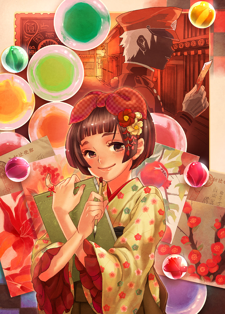 coga, oekaki musume, original, 1girl, brown eyes, brown hair, calligraphy brush, female focus, flower, hair flower, hair ornament, hair ribbon, hakama, hakama skirt, japanese clothes, kimono, paintbrush, pen, ribbon, short hair, skirt, smile, solo
