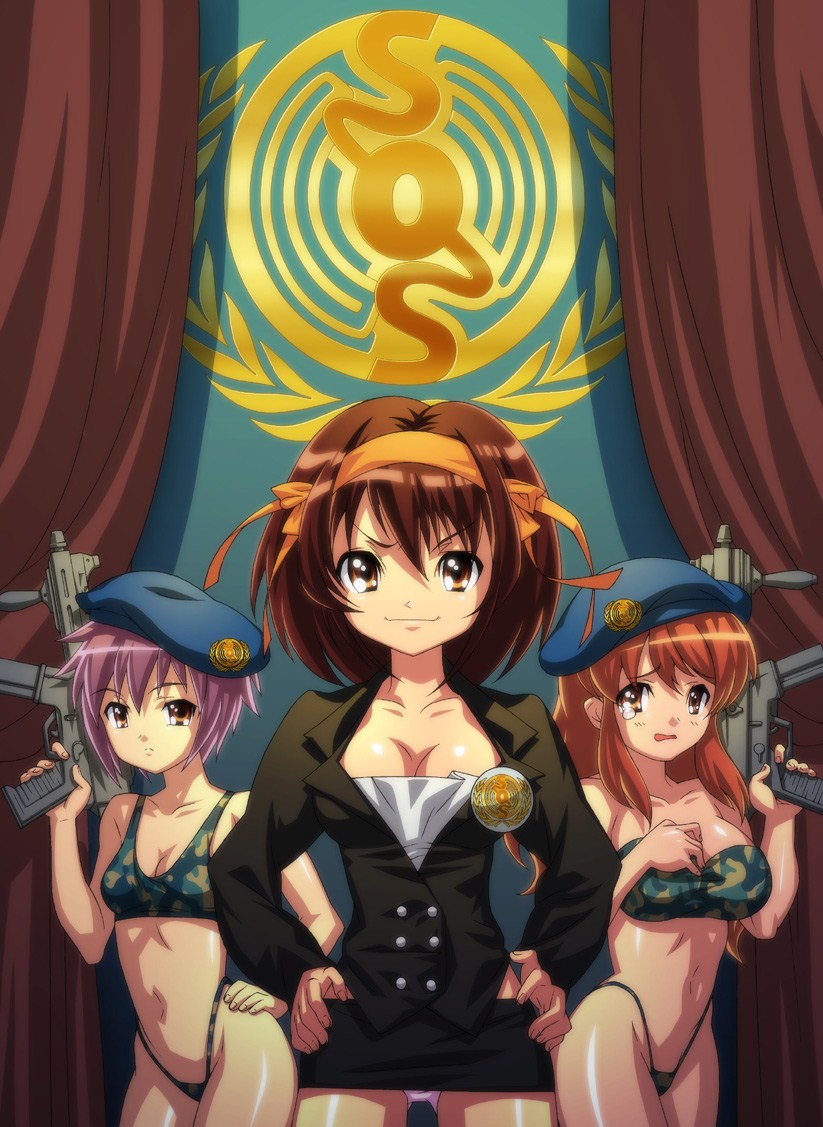 asahina mikuru, nagato yuki, suzumiya haruhi, suzumiya haruhi no yuuutsu, 00s, alternate costume, badge, beret, bikini, breasts, camouflage, cleavage, formal clothes, gun, hat, miniskirt, panties, pantyshot, skirt, smile, submachine gun, suit, swimsuit, tears, underwear, weapon
