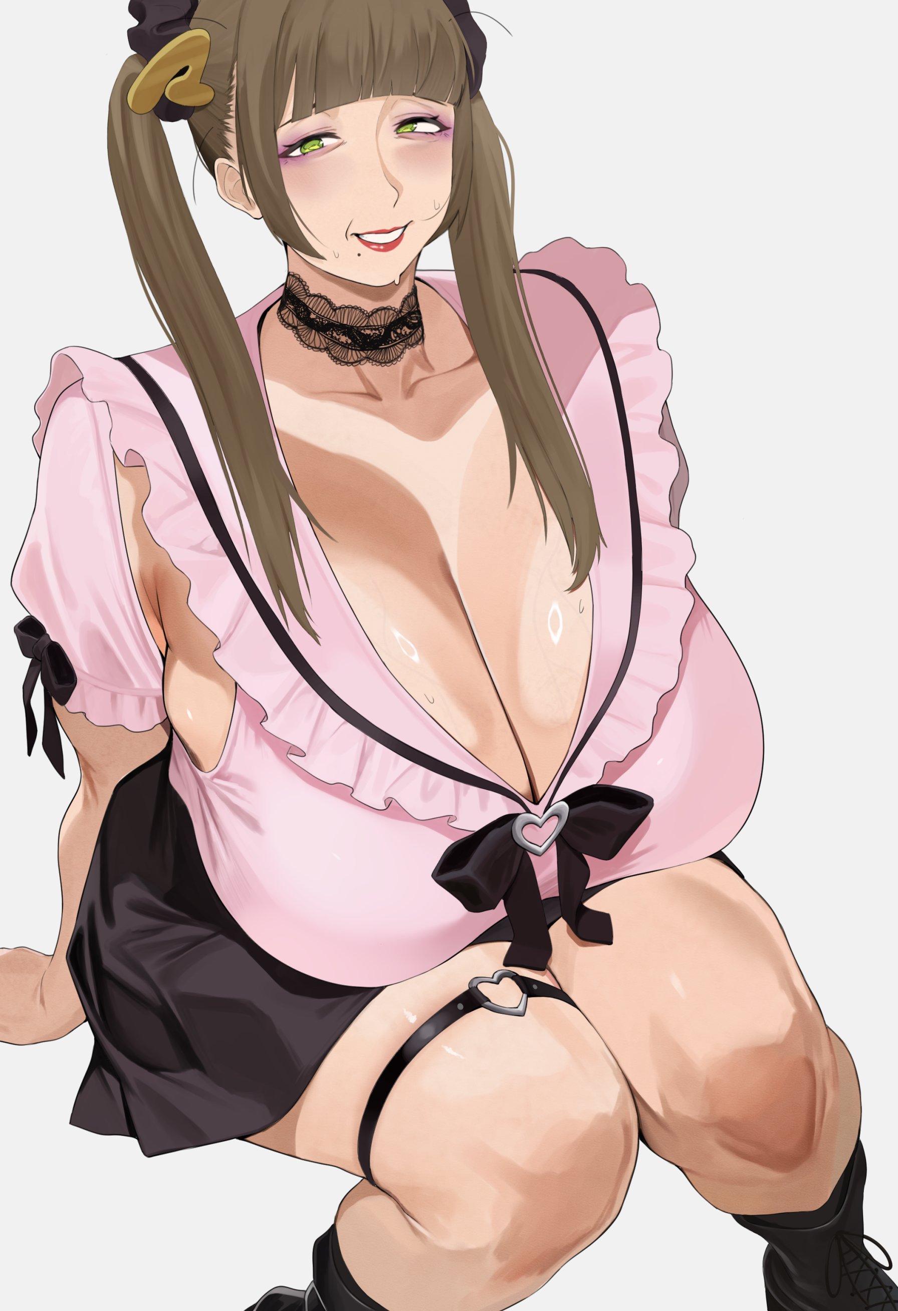 nohohon pictures, tsukushibara sumine, indie virtual youtuber, absurdres, highres, 1girl, arm support, black boots, black bow, black choker, black hairband, black skirt, blunt bangs, boots, bow, breasts, brown hair, chest bow, choker, cleavage, eyeshadow, frilled hairband, frilled shirt, frills, green eyes, grey background, hair ornament, hair over shoulder, hairband, heart, heart o-ring, huge breasts, jirai kei, lace, lace choker, legs together, long hair, makeup, mature female, mole, mole under mouth, o-ring, o-ring thigh strap, old, old woman, pink shirt, purple eyeshadow, red lips, shirt, sitting, skirt, sleeveless, sleeveless shirt, smile, solo, sweat, thick thighs, thigh strap, thighs, twintails, virtual youtuber