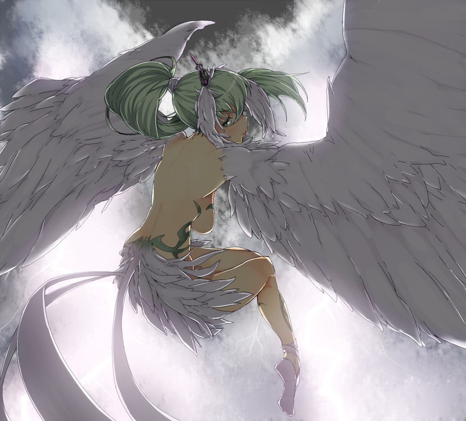 amami amayu, monster collection, bad id, bad pixiv id, 1girl, breasts, female focus, green hair, harpy, long hair, monster girl, ponytail, sideboob, sky, solo, winged arms, wings