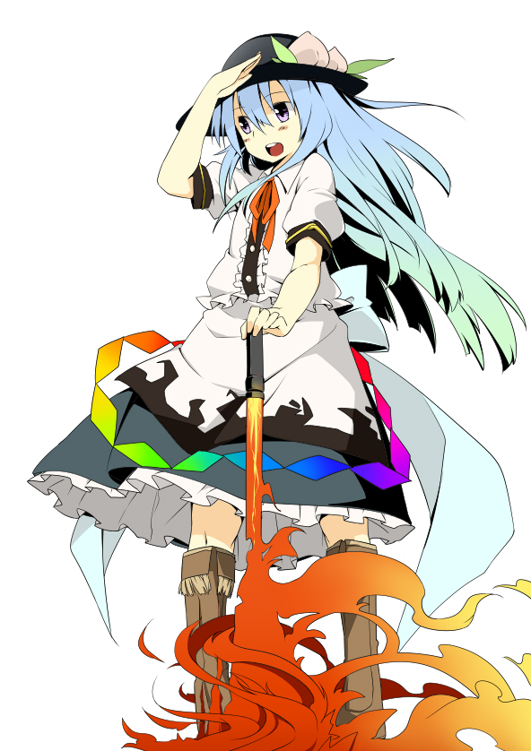 la-do, oguro (moyashi 2-hon), hinanawi tenshi, touhou, bad id, bad pixiv id, 1girl, blue hair, female focus, fire, food, fruit, hat, leaf, peach, solo, sword, sword of hisou, weapon