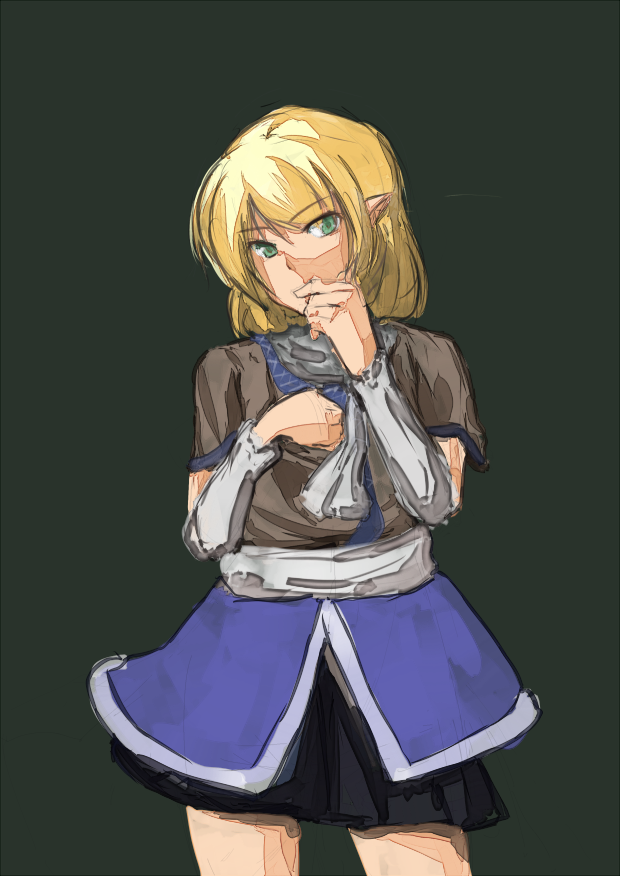 kamui0226, mizuhashi parsee, touhou, bad id, bad pixiv id, 1girl, arm warmers, blonde hair, dress, female focus, green eyes, legs, pointy ears, scarf, short hair, short sleeves, simple background, solo, standing