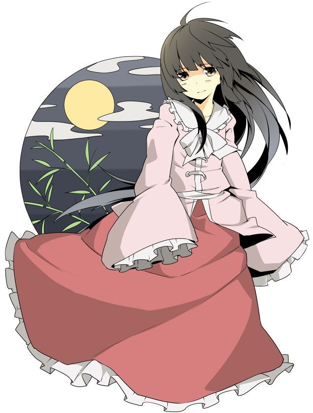 la-do, oguro (moyashi 2-hon), houraisan kaguya, touhou, bad id, bad pixiv id, 1girl, ahoge, black hair, female focus, long hair, long sleeves, moon, solo, yellow eyes