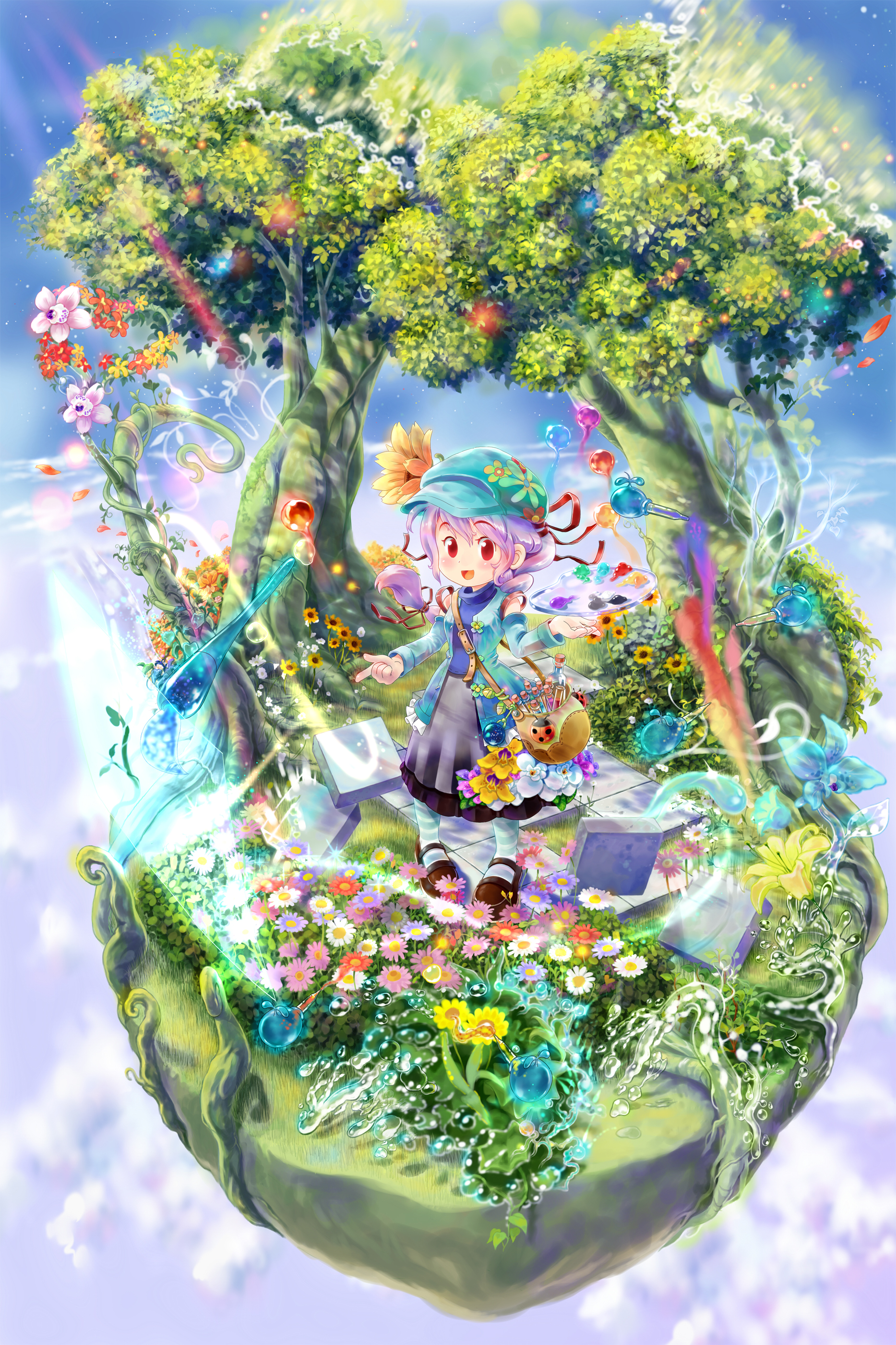 narit, narit (naritnarit), oekaki musume, original, absurdres, highres, 1girl, art brush, bag, blue pantyhose, blush, braid, child, detached sleeves, fantasy, female focus, flower, hat, long hair, long skirt, magic, mary janes, nature, paint, paint palette, paintbrush, pantyhose, pink hair, shoes, skirt, solo, striped clothes, striped pantyhose, sunflower, tree
