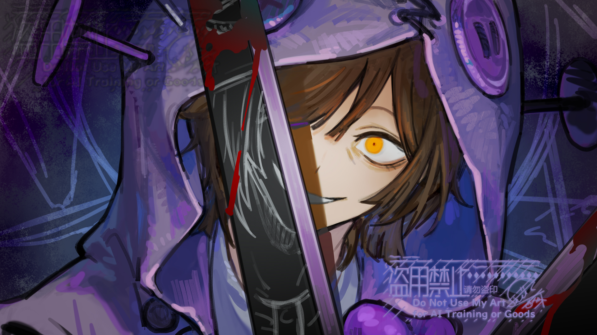 nishikujic, outis (project moon), limbus company, project moon, commentary, highres, 1girl, buttons, e.g.o (project moon), holding, holding scissors, hood, hooded jacket, i'll go fer scissors. how 'bout you? (e.g.o), jacket, looking at viewer, orange eyes, portrait, purple jacket, scissors, short hair, solo, wide-eyed