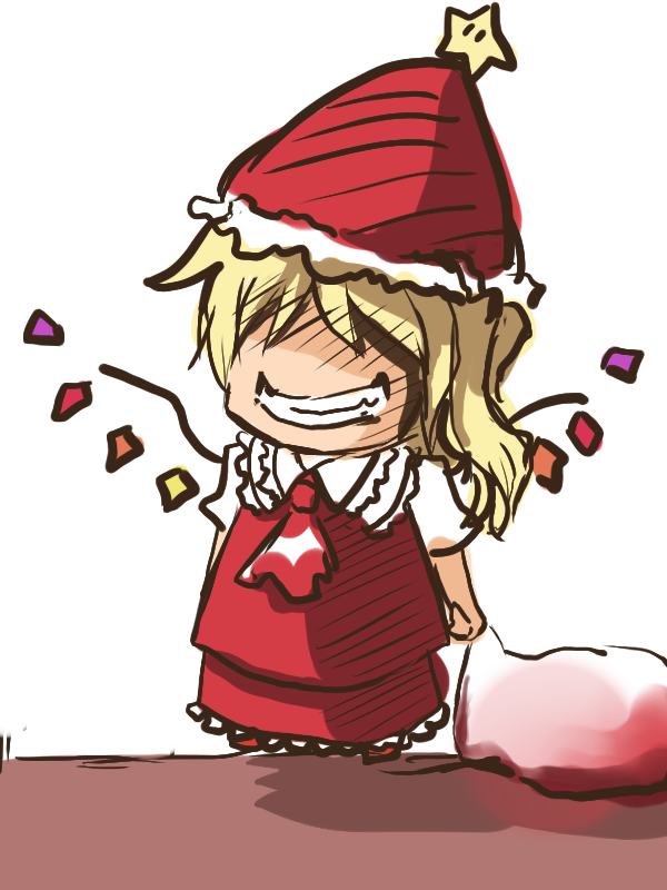 kamui0226, flandre scarlet, touhou, bad id, bad pixiv id, 1girl, blood, chibi, female focus, full body, grin, santa costume, sketch, smile, solo, standing