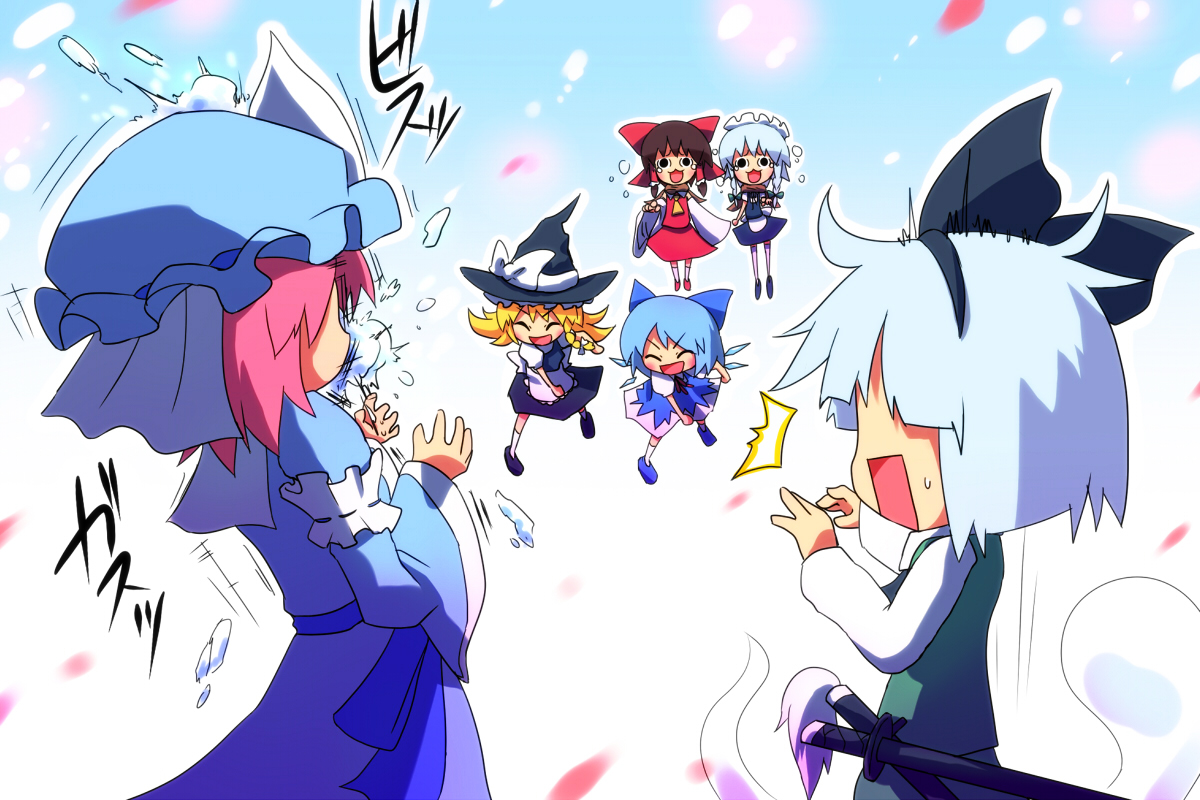 ayakashi (monkeypanch), cirno, hakurei reimu, izayoi sakuya, kirisame marisa, konpaku youmu, konpaku youmu (ghost), saigyouji yuyuko, touhou, silver hair, bad id, bad pixiv id, 6+girls, ^^^, apron, ascot, blonde hair, blue hair, bow, braid, brown hair, detached sleeves, dress, female focus, from behind, green dress, hair bow, hair tubes, hairband, hat, hitodama, ice, ice wings, japanese clothes, katana, laughing, maid, maid apron, maid headdress, miko, mob cap, multiple girls, pink hair, red bow, scarf, sheath, sheathed, short hair, smile, snowball, snowball fight, surprised, sword, triangular headpiece, waist apron, weapon, wings, witch hat