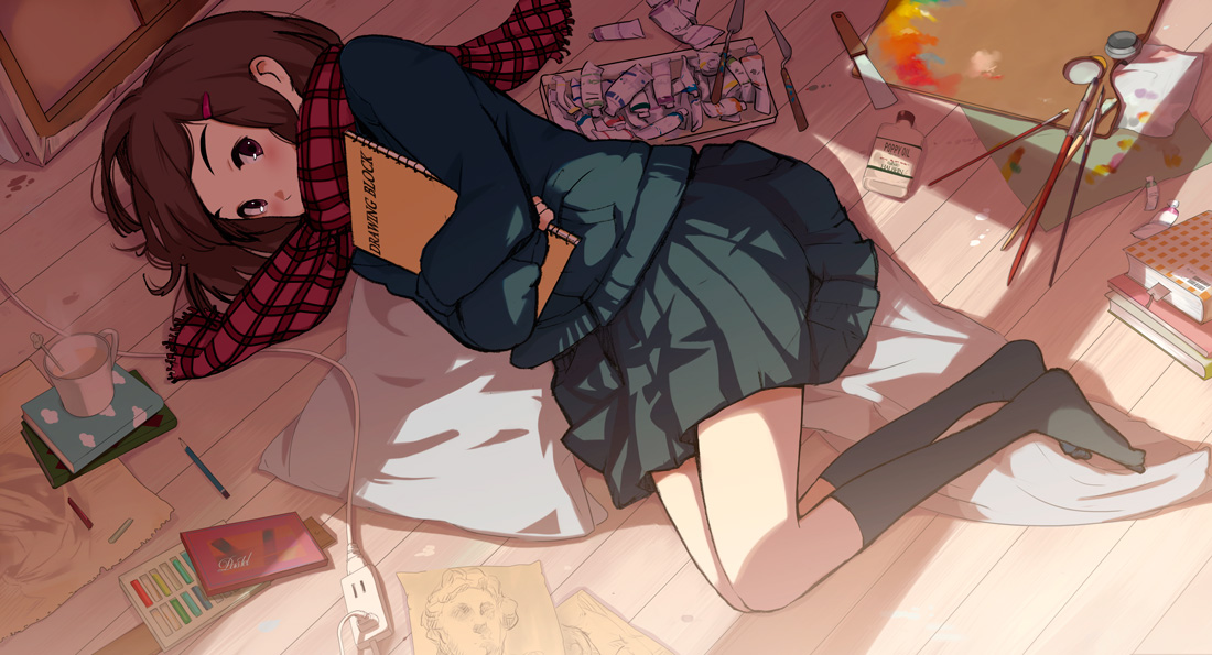 hanaosutarou, oekaki musume, original, 1girl, art brush, black socks, blush, brown hair, cup, electrical outlet, female focus, hair ornament, hairclip, hugging object, kneehighs, legs, lying, messy room, mug, on floor, on side, paint, paint palette, paintbrush, plaid clothes, plaid scarf, scarf, school uniform, shade, short hair, sketchbook, skirt, socks, solo, window shadow