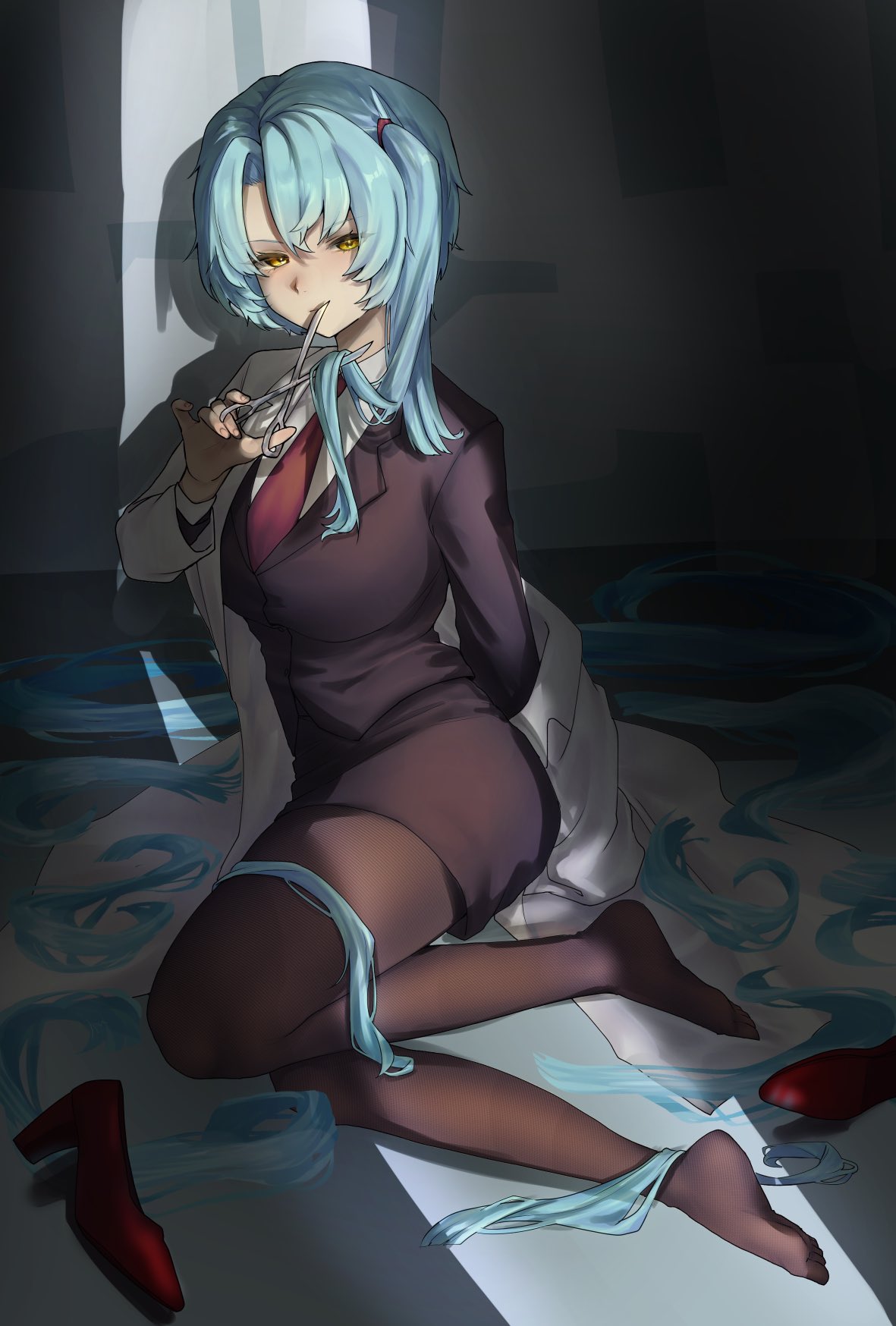 bangohan tsubuyakitarou, angela (project moon), lobotomy corporation, project moon, commentary request, highres, 1girl, black skirt, blue hair, brown pantyhose, coat, collared shirt, cutting hair, high heels, holding, holding scissors, lab coat, pantyhose, parted bangs, pencil skirt, scissors, shirt, short hair, side ponytail, sitting, skirt, solo, white coat, white shirt, yellow eyes, yokozuwari