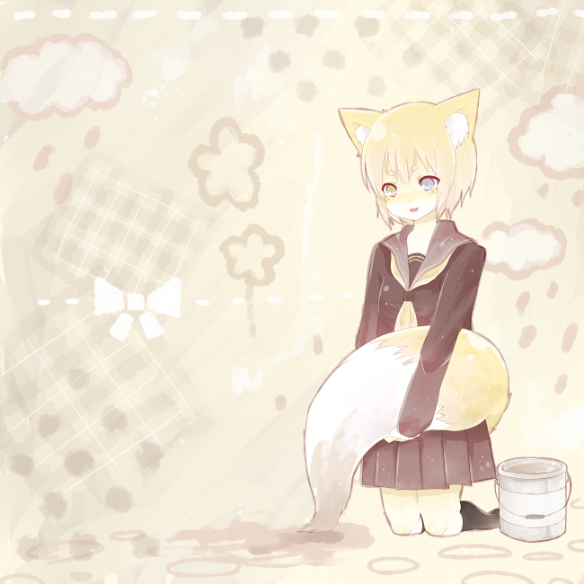 yuniko, oekaki musume, original, bad id, bad pixiv id, animal ears, blonde hair, fox ears, fox tail, green eyes, kneeling, paint can, painting (action), school uniform, short hair, skirt, socks, tail