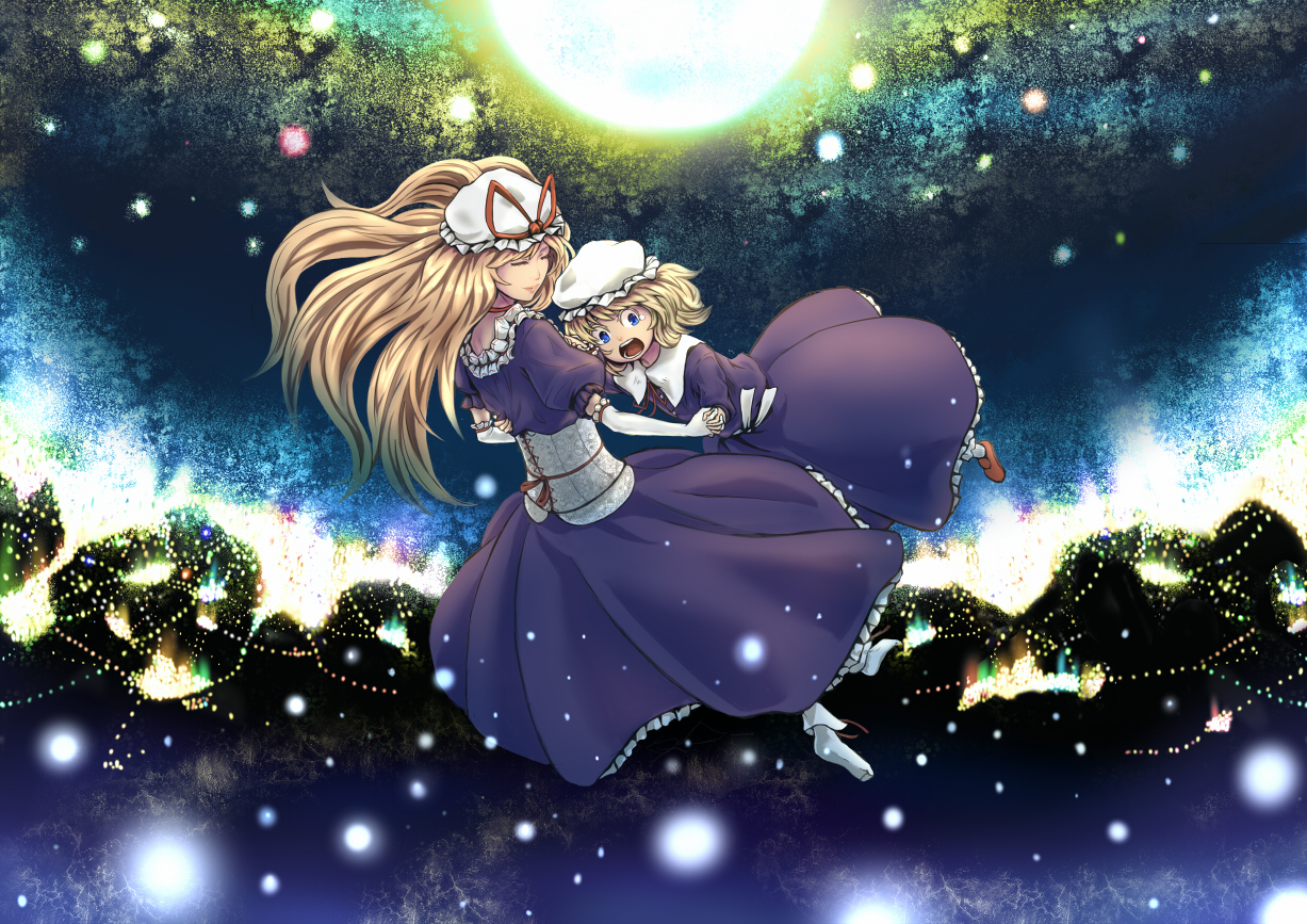 kouzilow, maribel hearn, yakumo yukari, ghostly field club, touhou, 2girls, blonde hair, blue eyes, corset, dress, elbow gloves, female focus, gloves, hat, hat ribbon, holding hands, interlocked fingers, long hair, mob cap, multiple girls, ribbon, short hair, white hat