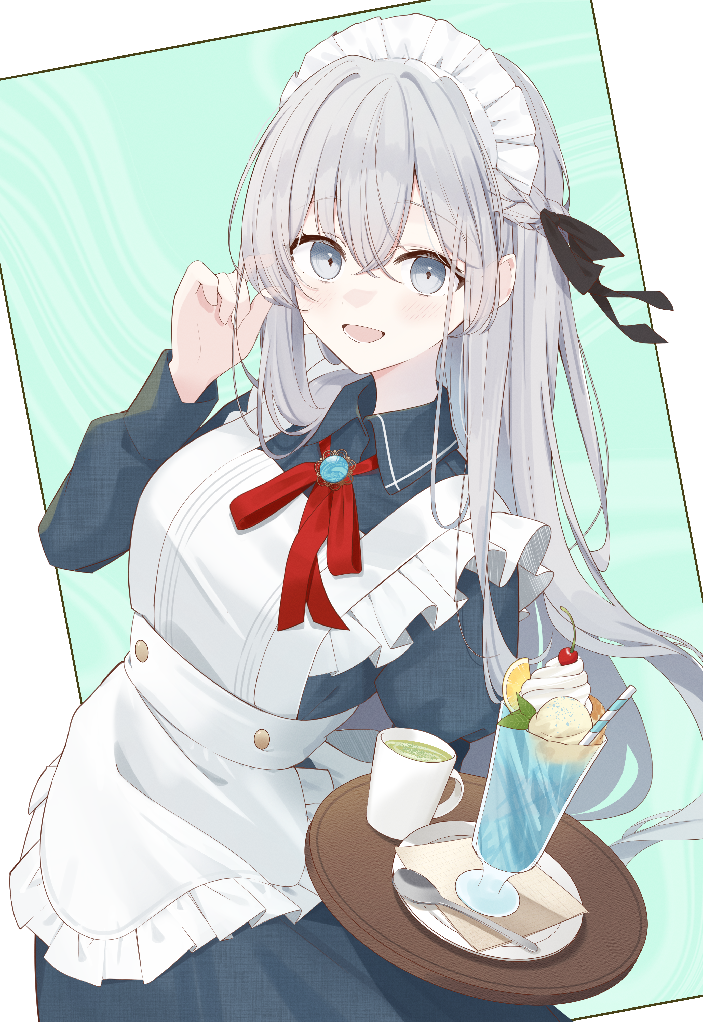 chroemaguro, original, absurdres, commentary request, highres, 1girl, :d, apron, aqua background, black dress, black ribbon, blush, braid, brooch, cowboy shot, crossed bangs, cup, dress, food, frilled apron, frills, grey eyes, grey hair, hair between eyes, hair over shoulder, hair ribbon, half up braid, happy, holding, holding tray, jewelry, juliet sleeves, long hair, long sleeves, looking at viewer, maid, maid apron, maid headdress, neck ribbon, open mouth, parfait, puffy sleeves, red ribbon, ribbon, sidelocks, simple background, smile, solo, spoon, straight hair, tea, tray, very long hair, white apron