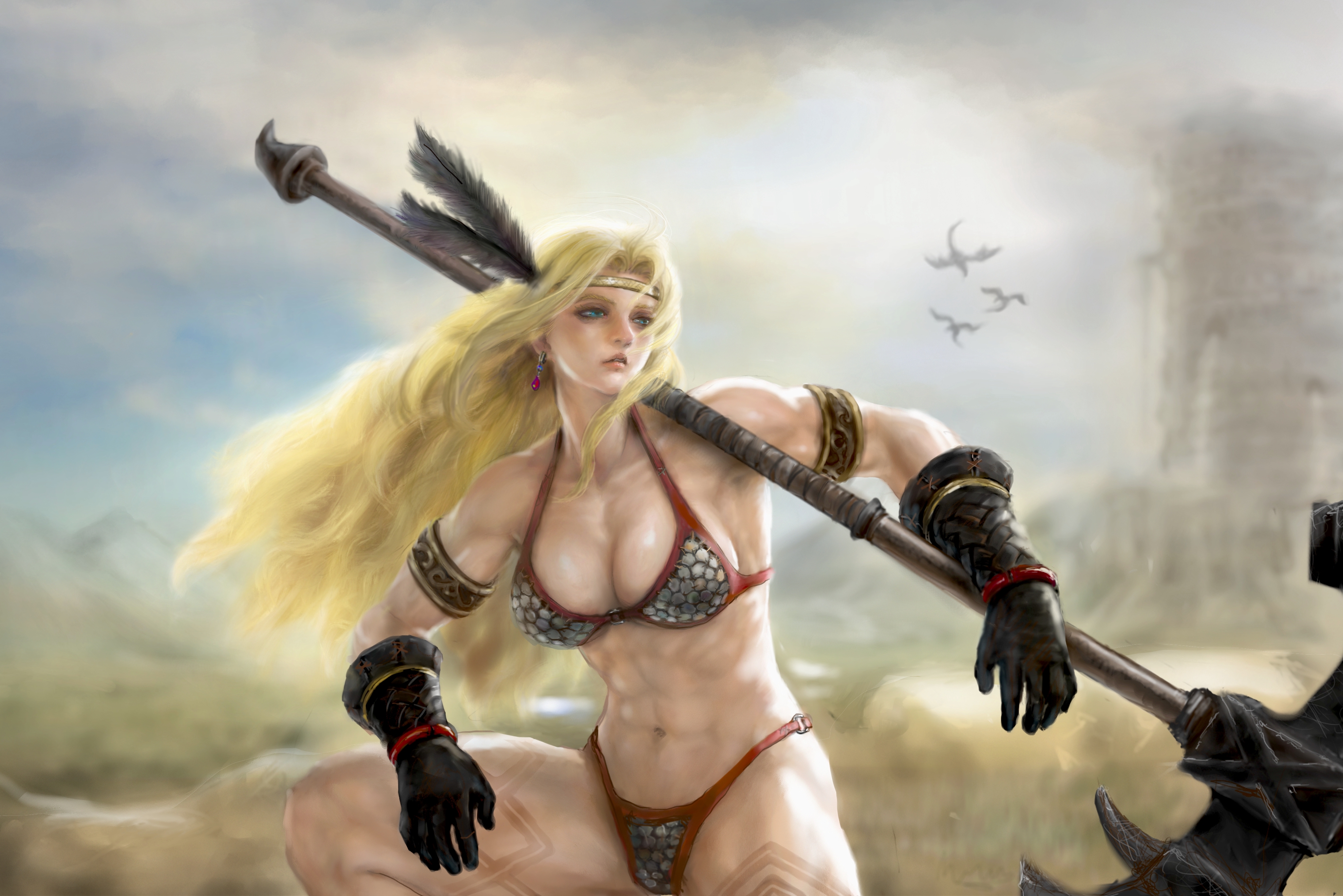 gonome, amazon (dragon's crown), vanillaware, gold armlet, absurdres, commentary request, highres, 1girl, abs, amazon warrior, armlet, armor, armpits, bikini armor, black gloves, blonde hair, blue eyes, breasts, circlet, cowboy shot, dragon, earrings, feather hair ornament, feathers, gloves, gold circlet, hair ornament, halberd, holding, holding polearm, holding weapon, jewelry, large breasts, leg tattoo, long hair, muscular, muscular female, navel, outdoors, parted lips, polearm, sideboob, solo, tattoo, teardrop earrings, weapon
