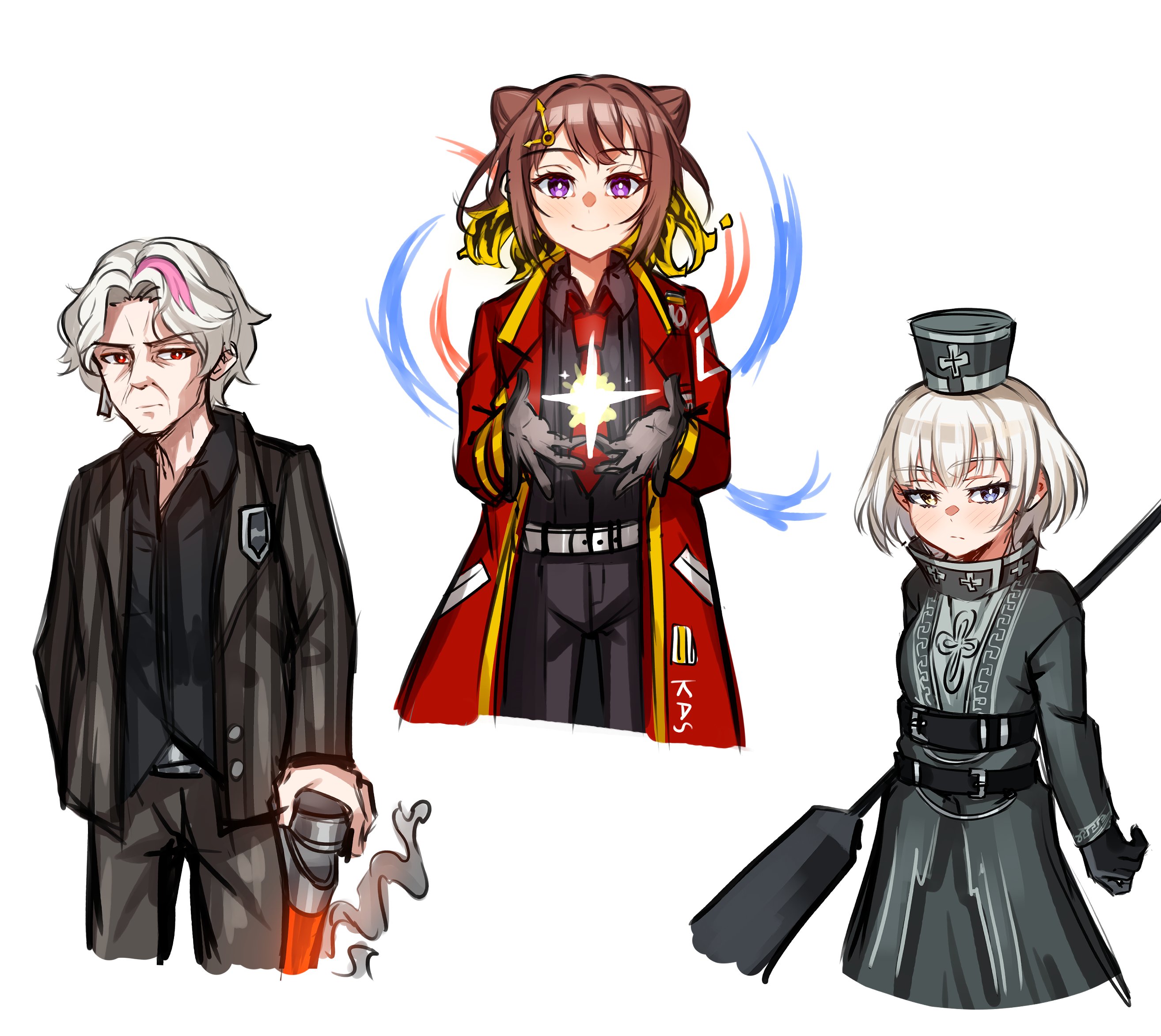 junji 17, charon (project moon), dante (limbus company), kaname raana, toyama kasumi, vergilius (project moon), bang dream!, limbus company, project moon, character request, hashtag-only commentary, highres, 3girls, black gloves, blonde streaks, brown hair, character name, charon (project moon) (cosplay), closed mouth, coat, cone hair bun, cosplay, cowboy shot, dante (limbus company) (cosplay), dress, gloves, grey dress, grey hat, grey jacket, grey pants, hair bun, hands up, hat, jacket, looking at viewer, medium hair, multicolored hair, multiple girls, pants, red coat, simple background, smile, streaked hair, vergilius (project moon) (cosplay), white background