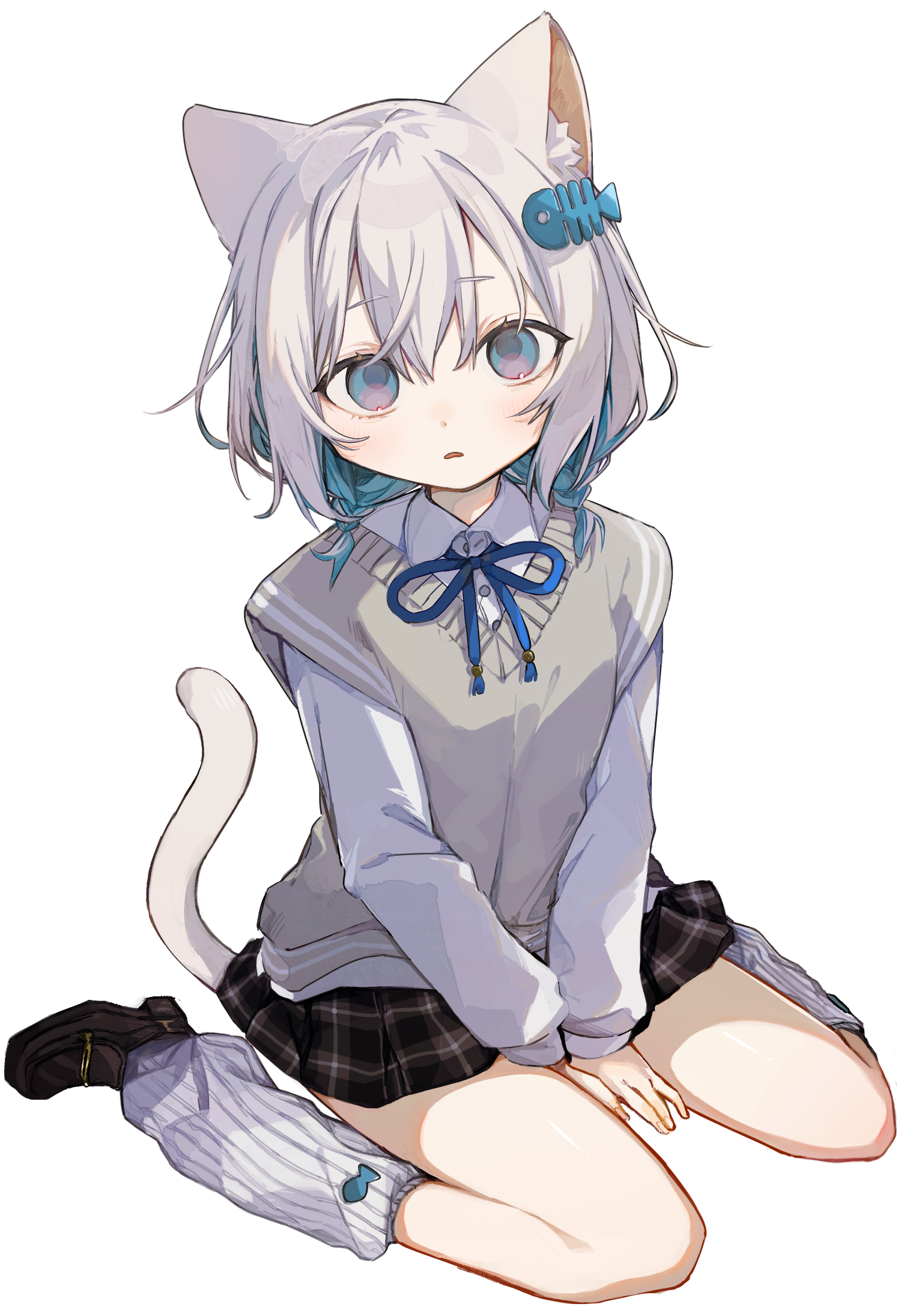 sayonaka megumo, sayonaka (vtuber), commentary, highres, symbol-only commentary, 1girl, animal ear fluff, animal ears, between legs, blue eyes, blue hair, blue ribbon, cat ears, cat girl, cat tail, colored inner hair, fish hair ornament, full body, hair ornament, hand between legs, leg warmers, loafers, long sleeves, looking at viewer, multicolored hair, neck ribbon, open mouth, own hands together, ribbon, school uniform, shoes, short hair, simple background, sitting, solo, tail, virtual youtuber, wariza, white background, white hair