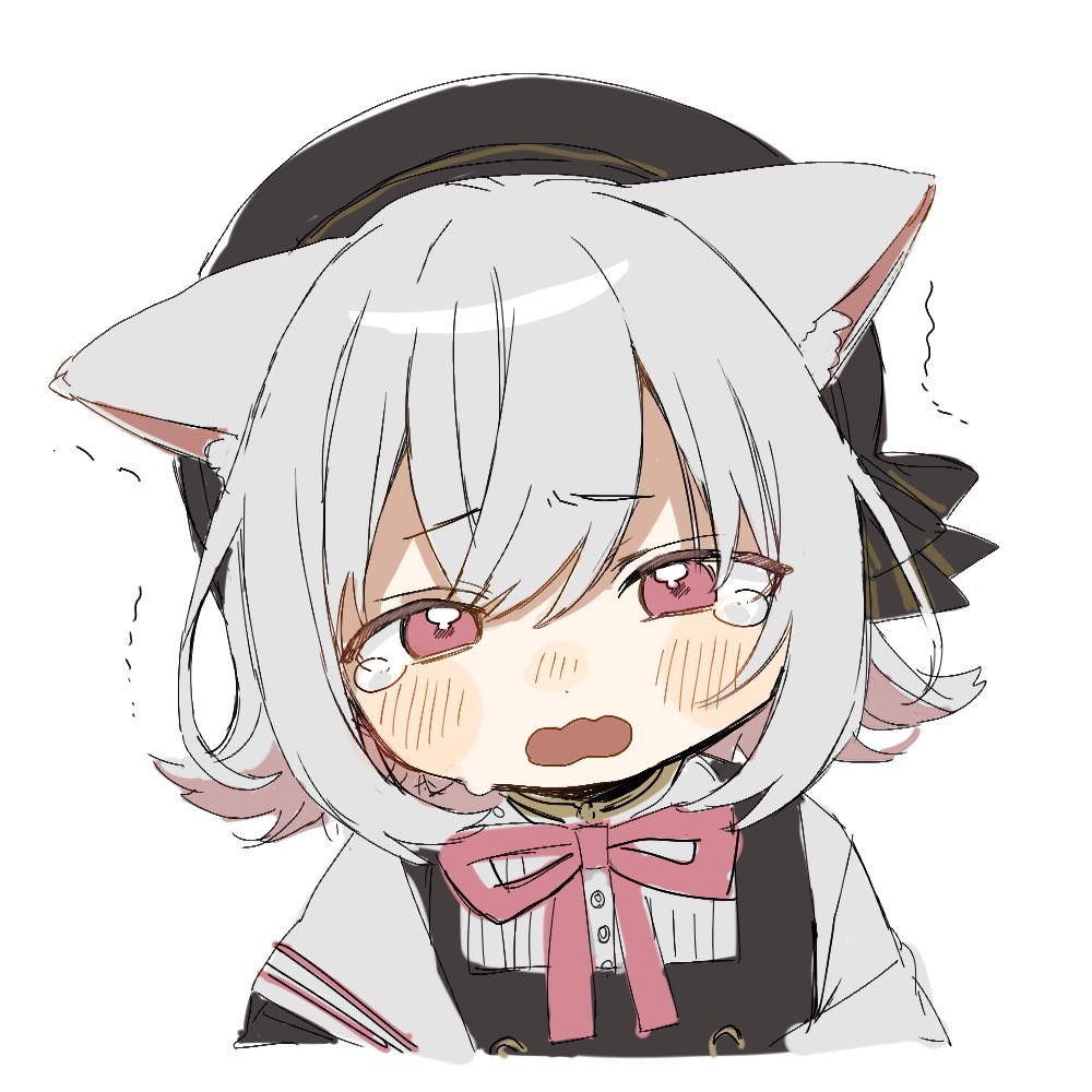 sayonaka megumo, sayo (voicevox), commentary request, 1girl, animal ears, beret, black dress, black hat, blush stickers, cat ears, cat girl, colored inner hair, crying, dress, facing viewer, grey hair, hat, jacket, looking at viewer, multicolored hair, neck ribbon, open mouth, pinafore dress, pink eyes, pink hair, pink ribbon, ribbon, shirt, short hair, simple background, sketch, sleeveless, sleeveless dress, solo, tears, upper body, white background, white shirt