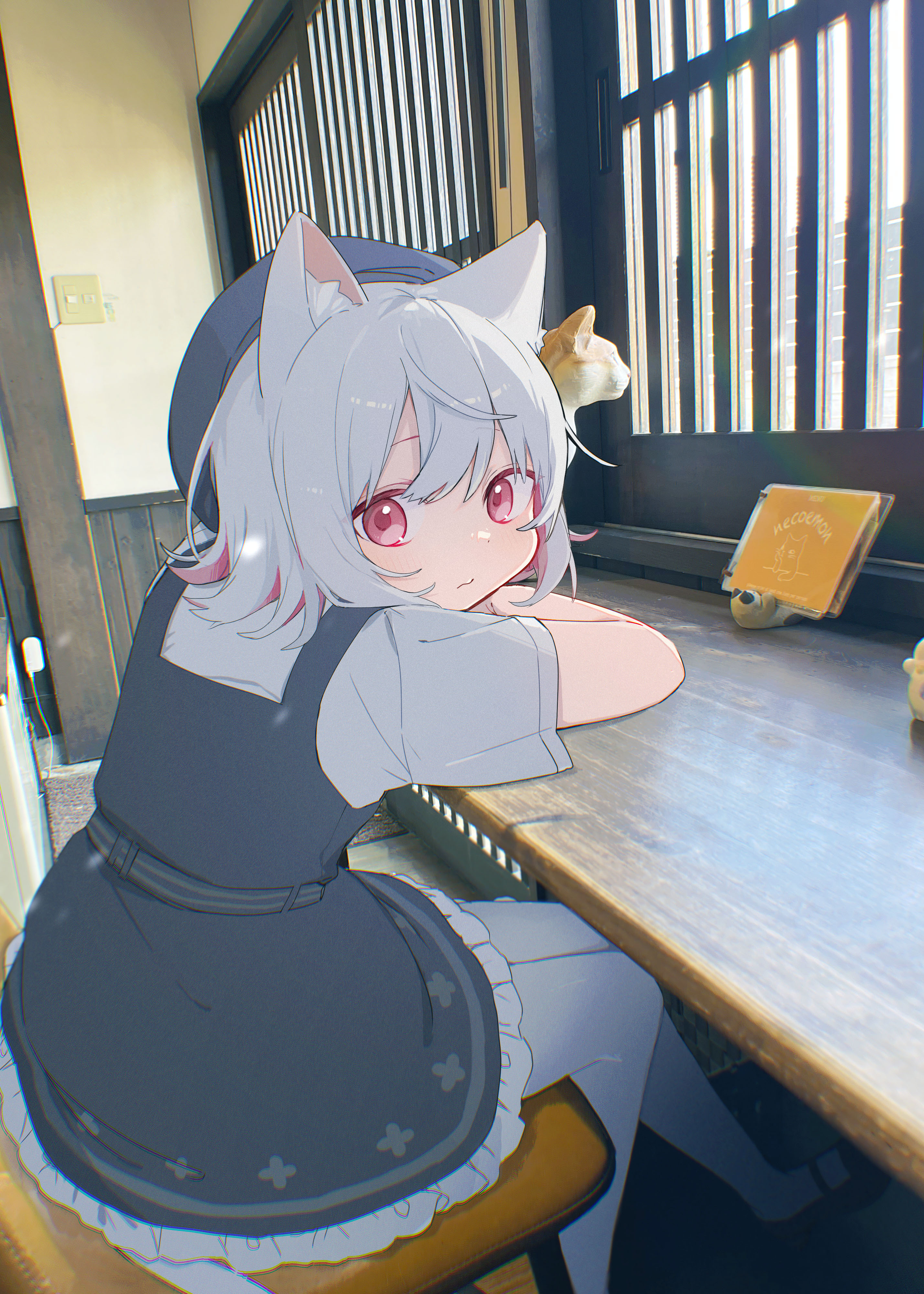 sayonaka megumo, sayo (voicevox), voicevox, absurdres, commentary request, highres, 1girl, animal ears, beret, black dress, black hat, cat, cat ears, cat girl, cat tail, colored inner hair, crossed arms, dress, facing to the side, foot out of frame, frilled dress, frills, grey hair, hat, looking at viewer, multicolored hair, pantyhose, photo background, pinafore dress, pink eyes, pink hair, pink ribbon, ribbon, shirt, short hair, short sleeves, sitting, sleeveless, sleeveless dress, solo, tail, white pantyhose, white shirt