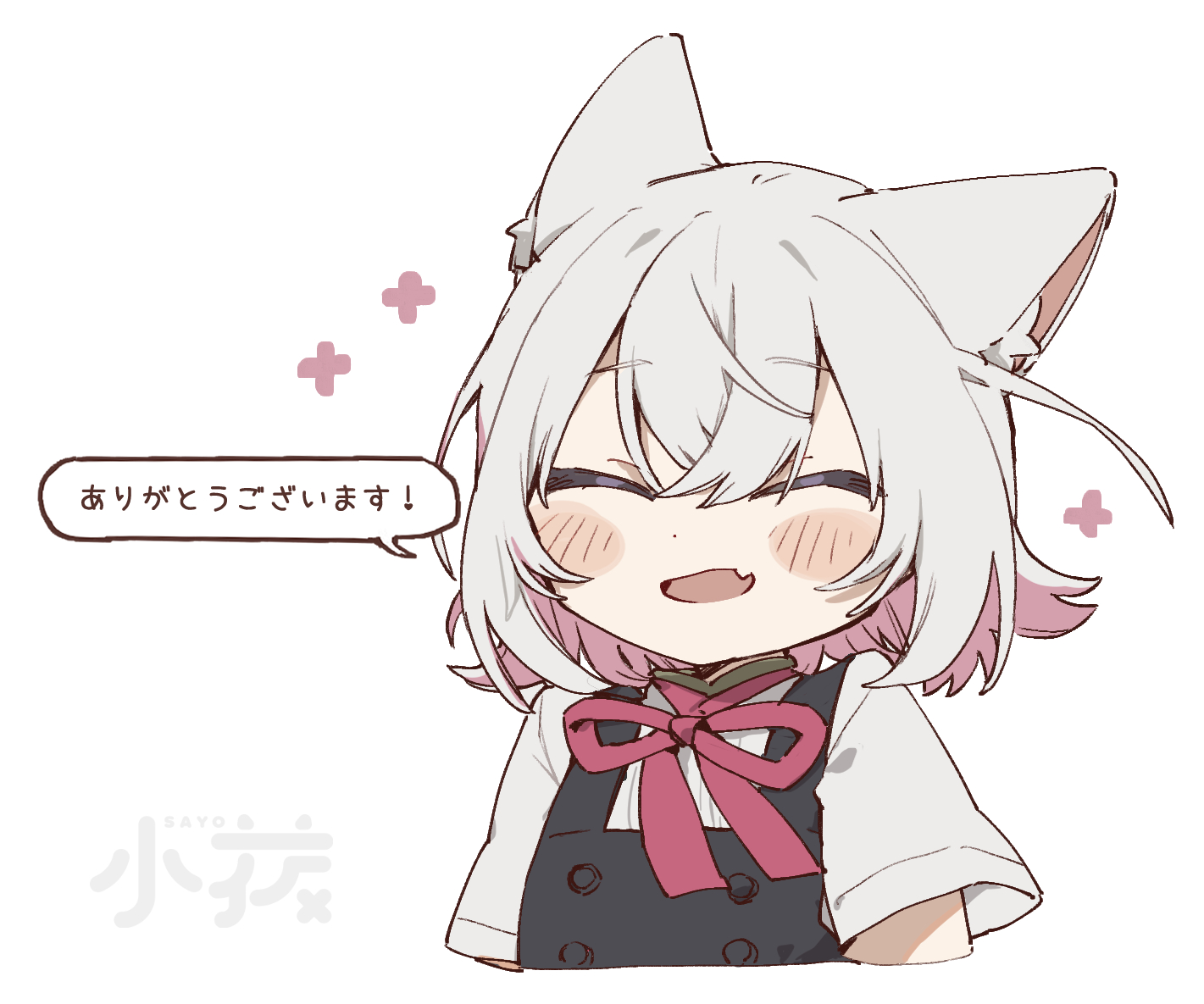 sayonaka megumo, sayo (voicevox), voicevox, commentary request, translation request, 1girl, animal ears, black dress, blush, blush stickers, cat ears, cat girl, character name, closed eyes, colored inner hair, dress, fang, grey hair, light smile, multicolored hair, neck ribbon, open mouth, pinafore dress, pink hair, pink ribbon, ribbon, shirt, short hair, simple background, skin fang, sleeveless, sleeveless dress, solo, upper body, white background, white shirt