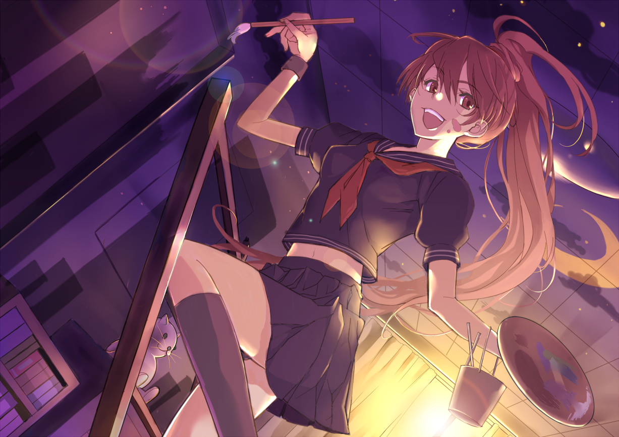 platinumcorundum, oekaki musume, original, messy, bad id, bad pixiv id, 1girl, art brush, backlighting, brown eyes, brown hair, dutch angle, female focus, ladder, lens flare, long hair, midriff, moon, paint, paint palette, paintbrush, painting (action), ponytail, school uniform, skirt, sky, smile, socks, solo, star (sky), star (symbol), starry sky, sunlight, very long hair