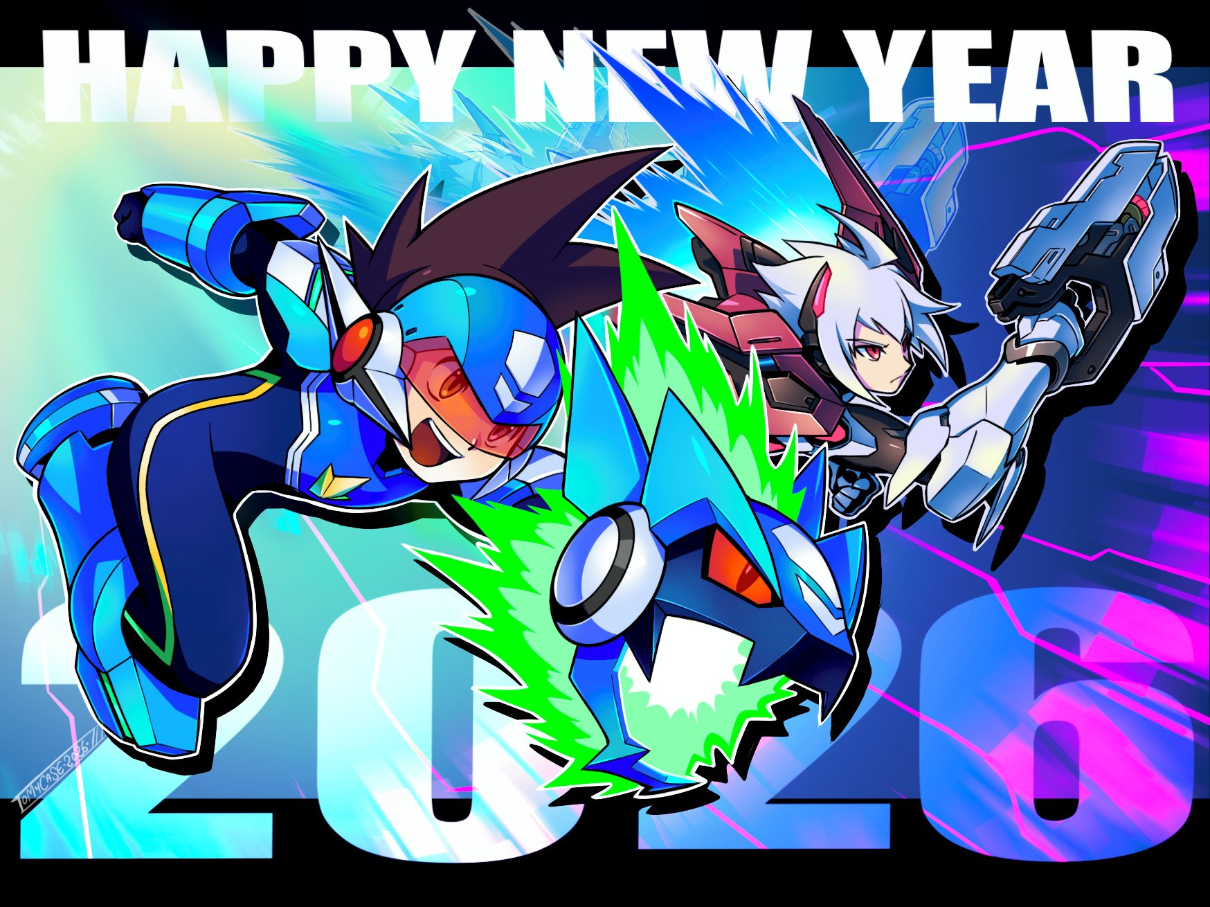 tomycase, acura (gunvolt), azure striker gunvolt, gunvolt chronicles luminous avenger ix 2, mega man (series), mega man star force (series), commentary, english commentary, highres, 1boy, 2026, arm cannon, armor, brown hair, crossover, energy wings, grey hair, gun, happy new year, holding, holding gun, holding weapon, male focus, mechanical wings, new year, red-tinted eyewear, red armor, red eyes, short hair, star force mega man, tinted eyewear, weapon, wings