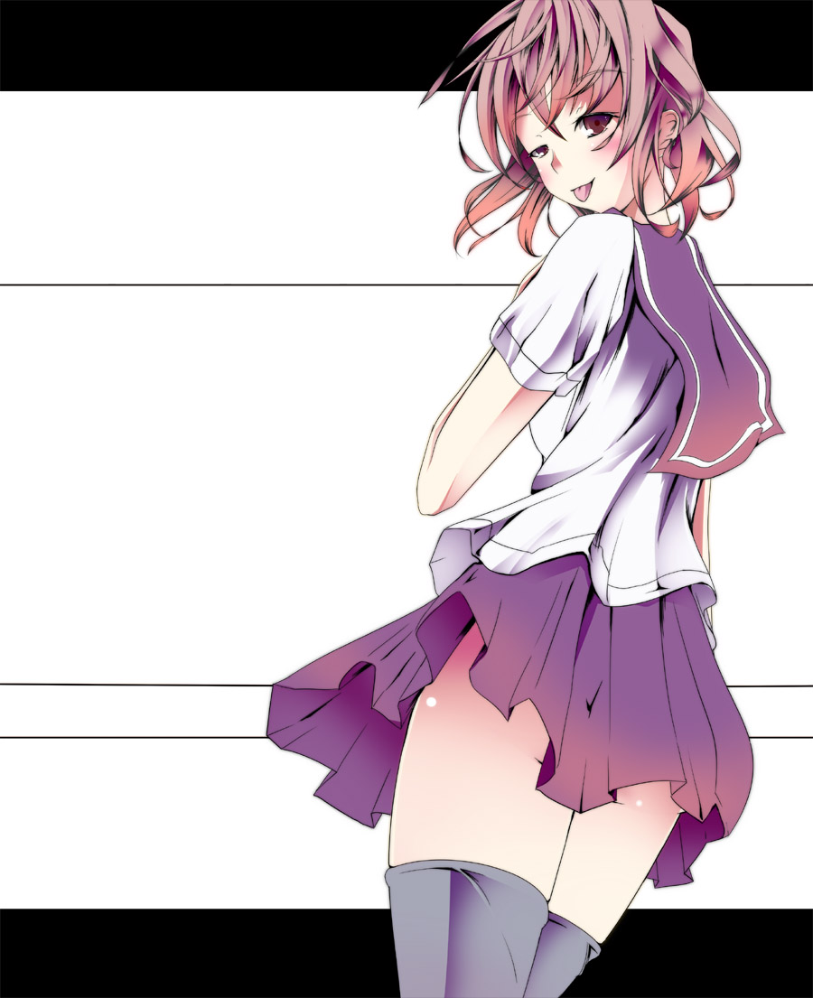 gumitaroo, original, 1girl, blush, female focus, pink hair, red eyes, school uniform, short hair, skirt, solo, thighhighs, tongue