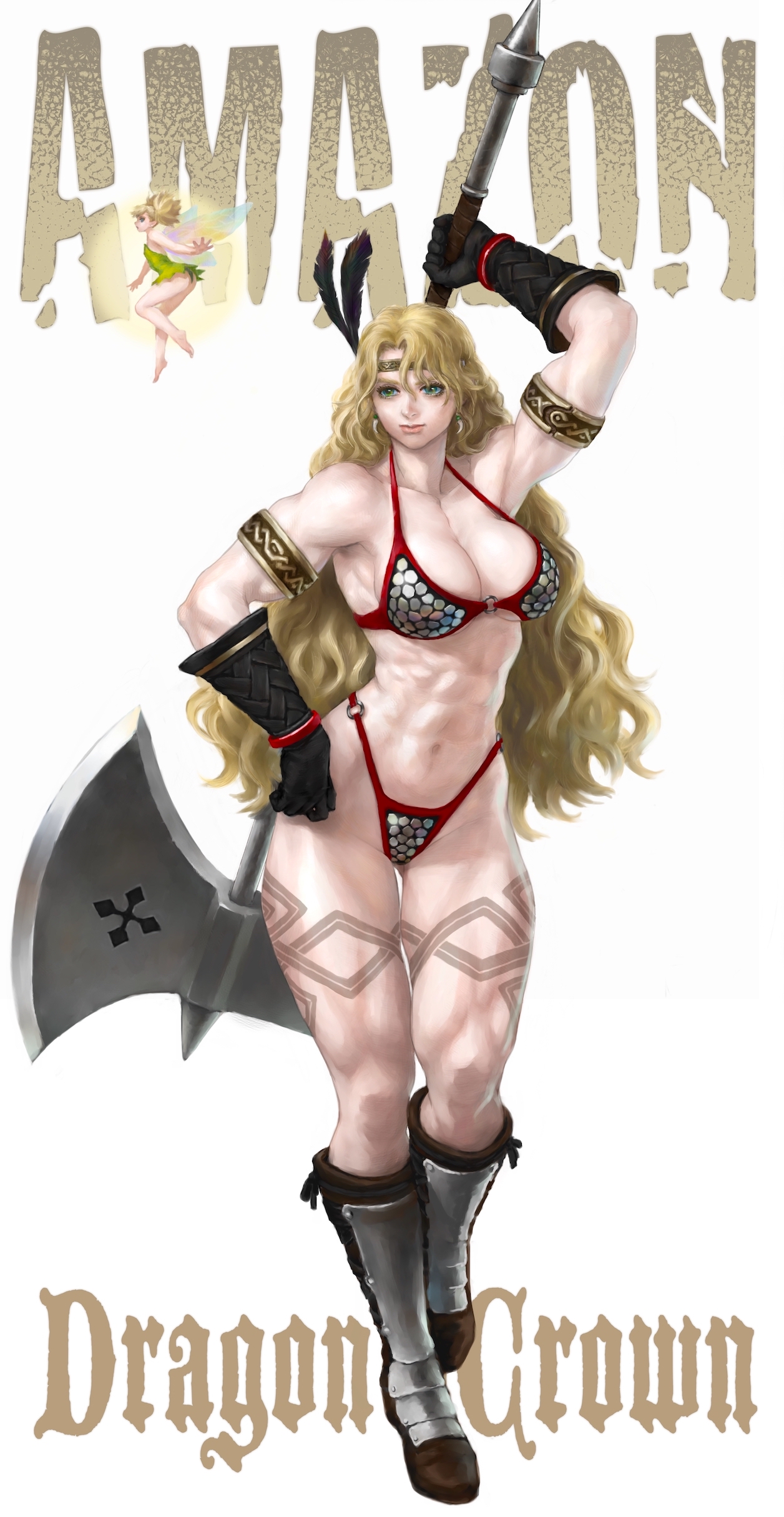 gonome, amazon (dragon's crown), tiki (dragon's crown), dragon's crown, gold armlet, absurdres, character request, commentary request, highres, 2girls, amazon warrior, arm up, armlet, armor, armored boots, bikini armor, blonde hair, boots, breasts, brown boots, circlet, cleavage, copyright name, dress, earrings, fairy, fairy wings, feather hair ornament, feathers, full body, gloves, glowing, green dress, green eyes, hair ornament, halberd, hand on own hip, jewelry, large breasts, leg tattoo, long hair, microdress, mini person, minigirl, multiple girls, muscular, muscular female, polearm, smile, standing, tattoo, tooth earrings, weapon, white background, wings