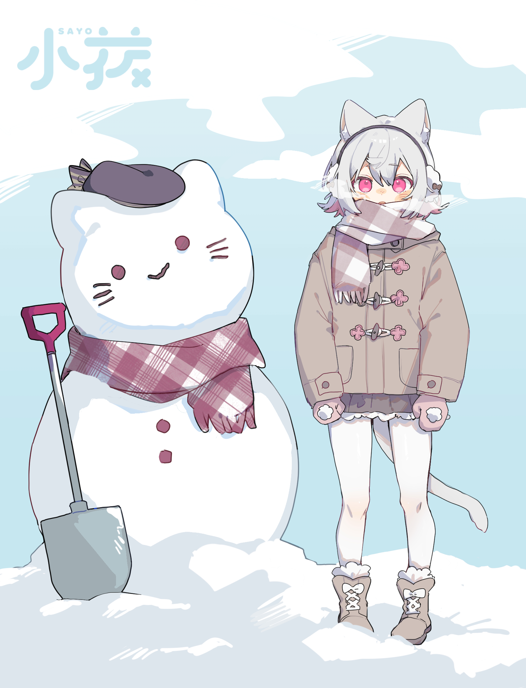 sayonaka megumo, sayo (voicevox), voicevox, commentary request, highres, 1girl, alternate costume, animal ears, blush stickers, boots, breath, cat ears, cat girl, cat tail, character name, cloud, cloudy sky, coat, colored inner hair, earmuffs, facing viewer, frilled skirt, frills, full body, gloves, grey hair, long sleeves, looking at viewer, multicolored hair, open mouth, pantyhose, pink eyes, pink hair, scarf, short hair, shovel, simple background, skirt, sky, snow, snowman, solo, standing, tail, white pantyhose, winter clothes, winter coat