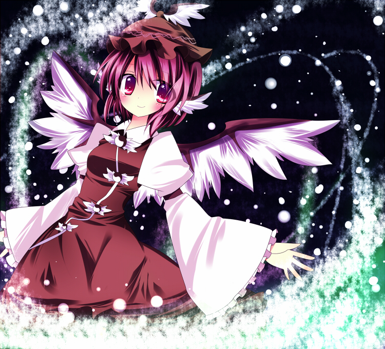 sakura (1120sakura), sakura (pixiv516119), mystia lorelei, touhou, bad id, bad pixiv id, 1girl, animal ears, female focus, pink eyes, pink hair, short hair, smile, solo, wings