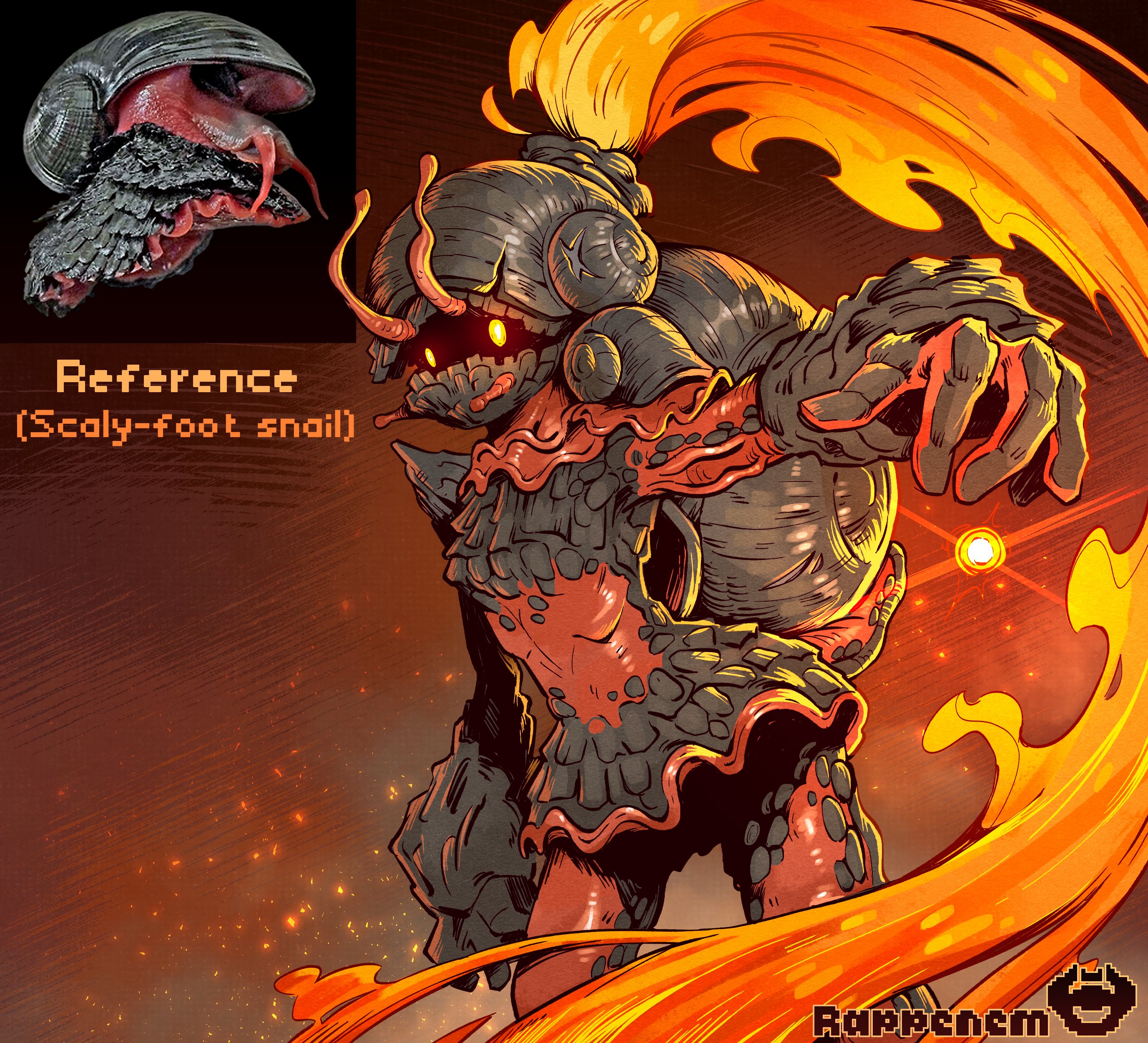 rappenem, original, absurdres, commentary, english commentary, highres, 1girl, antennae, backpack, bag, dress, english text, fireball, frilled dress, frills, glowing, glowing eyes, lava, monster girl, plume, reference inset, scaly-foot snail, snail girl, solo, species name, wide hips