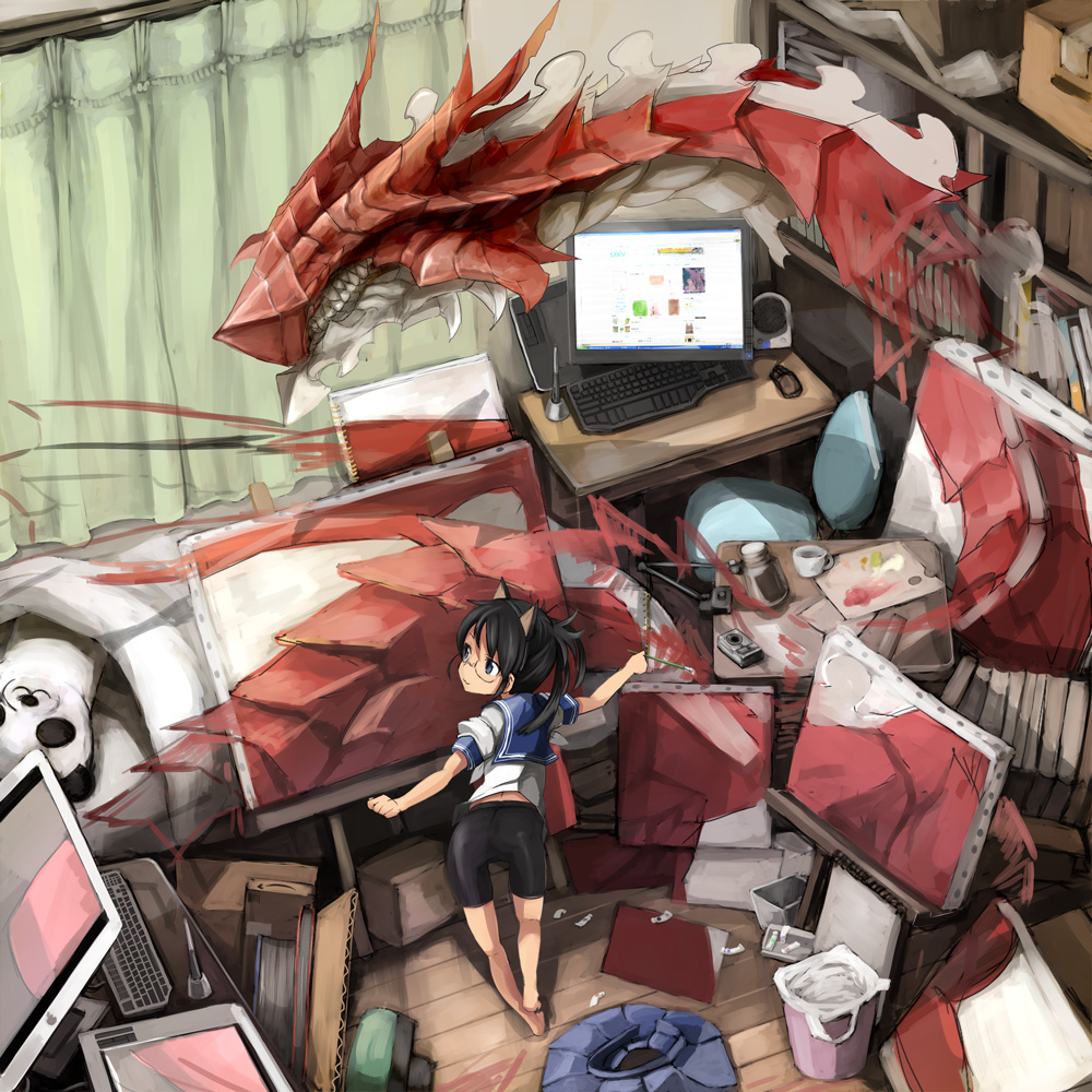 sadamatsu ryuuichi, oekaki musume, original, pixiv, bad id, bad pixiv id, 1girl, animal ears, art brush, barefoot, bike shorts, black hair, computer, computer keyboard, dragon, female focus, glasses, paint palette, paintbrush, painting (action), school uniform, solo