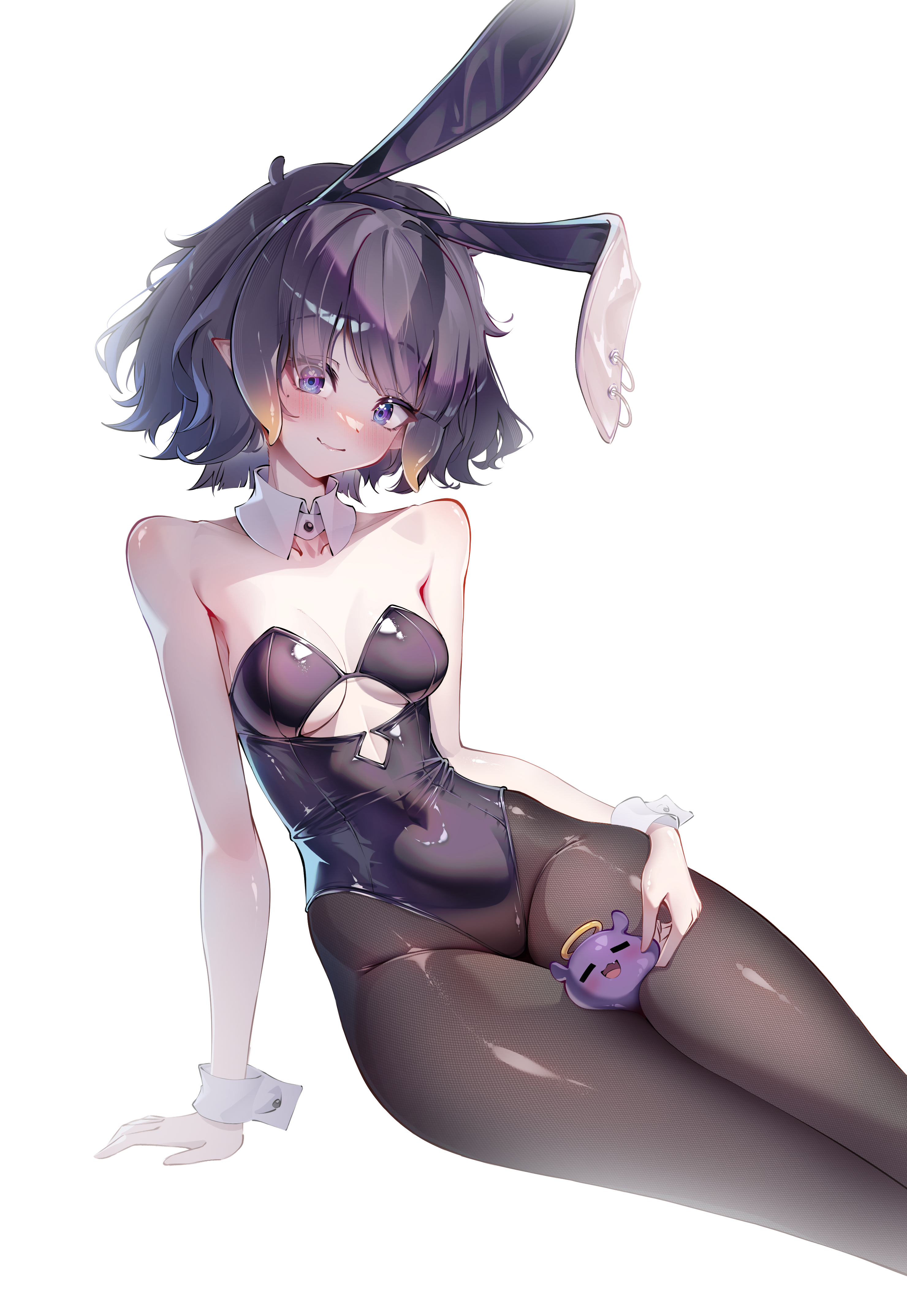 lazyfox, ninomae ina'nis, takodachi (ninomae ina'nis), hololive, hololive english, absurdres, commentary, english commentary, highres, large variant set, variant set, 1girl, alternate breast size (larger), animal ear hairband, animal ears, arm support, bare shoulders, black leotard, black pantyhose, blue eyes, blush, breasts, clothing cutout, covered erect nipples, cutout above navel, detached collar, fake animal ears, gradient hair, hairband, highleg, highleg leotard, leotard, looking at viewer, medium breasts, mole, mole under eye, multicolored hair, orange hair, pantyhose, playboy bunny, purple hair, rabbit ear hairband, rabbit ears, short hair, simple background, sitting, solo, strapless, strapless leotard, tentacle hair, virtual youtuber, white background, white wrist cuffs, wrist cuffs, yokozuwari