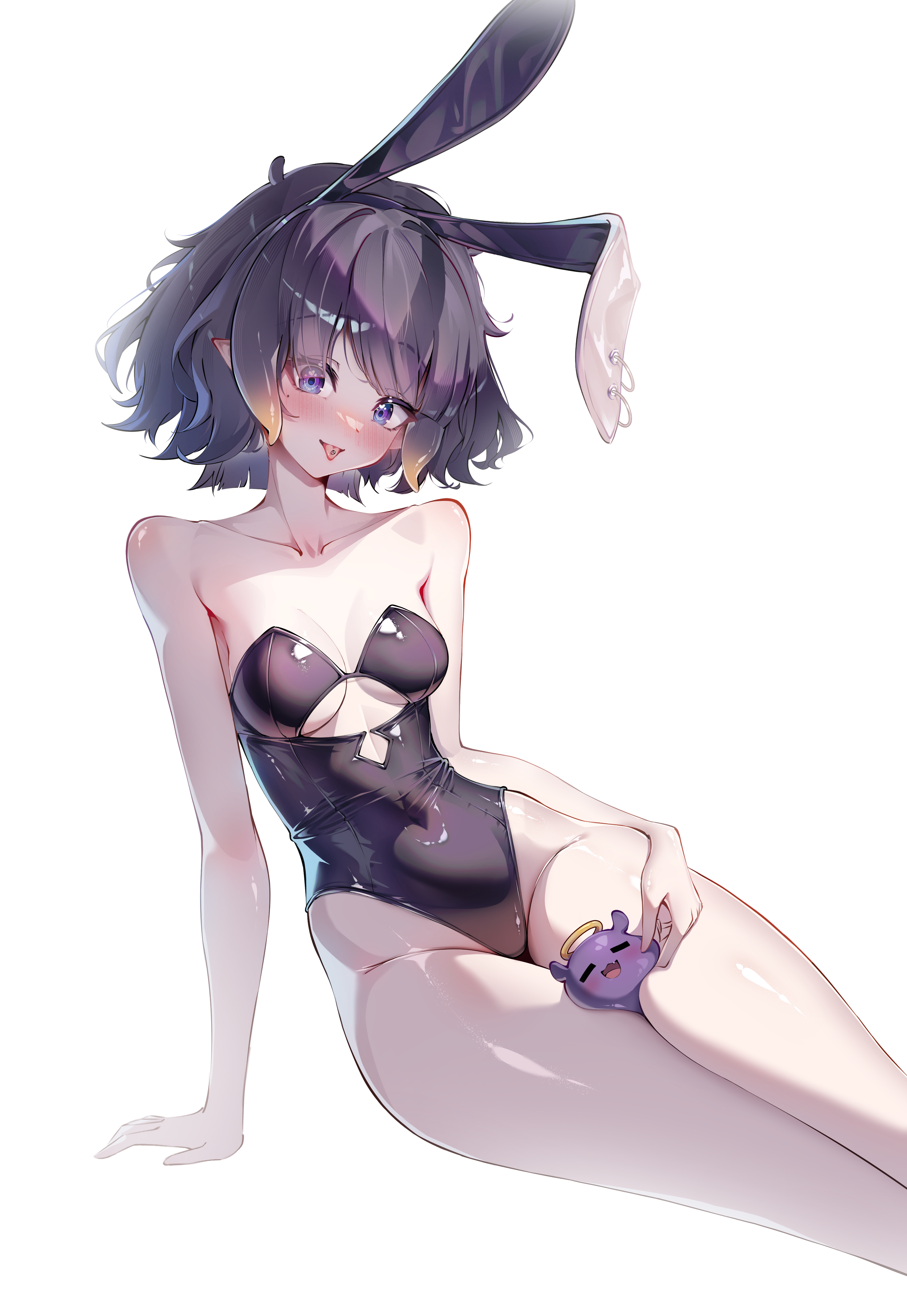 lazyfox, ninomae ina'nis, takodachi (ninomae ina'nis), hololive, hololive english, absurdres, commentary, english commentary, highres, 1girl, :p, alternate breast size (larger), animal ear hairband, animal ears, arm support, bare shoulders, black leotard, blue eyes, blush, breasts, clothing cutout, covered erect nipples, cutout above navel, fake animal ears, gradient hair, hairband, highleg, highleg leotard, leotard, looking at viewer, medium breasts, mole, mole under eye, multicolored hair, orange hair, piercing, playboy bunny, purple hair, rabbit ear hairband, rabbit ears, short hair, simple background, sitting, solo, strapless, strapless leotard, tentacle hair, tongue, tongue out, tongue piercing, virtual youtuber, white background, yokozuwari